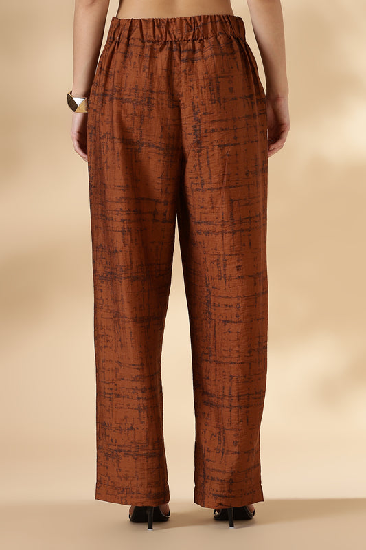 Printed Trousers with Back Elastic Detail Rust Orange