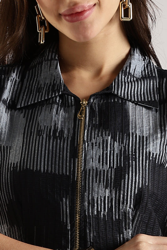 Printed Shirt Dress with Front Zip Grey Stripe Abstract