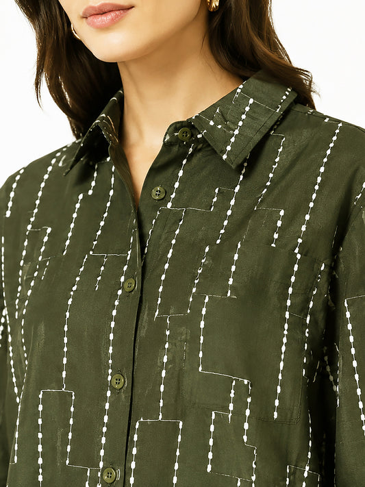 Women Green Embroidered Casual Full Sleeves Shirt