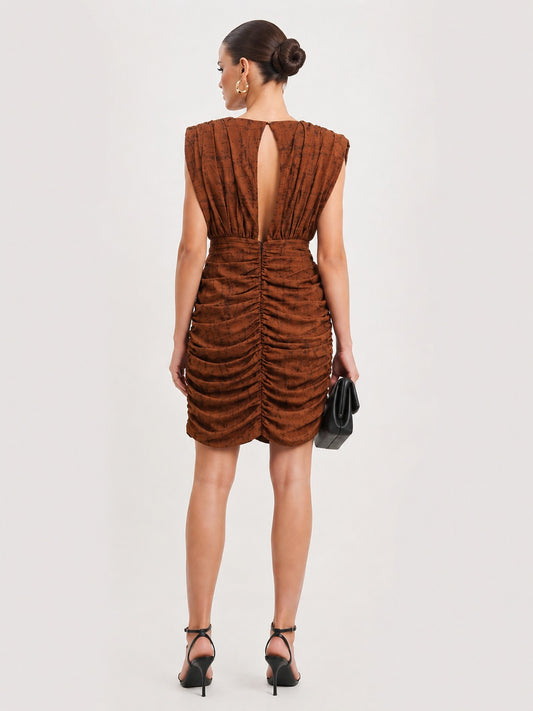 Rust Colour Short Ruched Dress with Ruched Sleeves