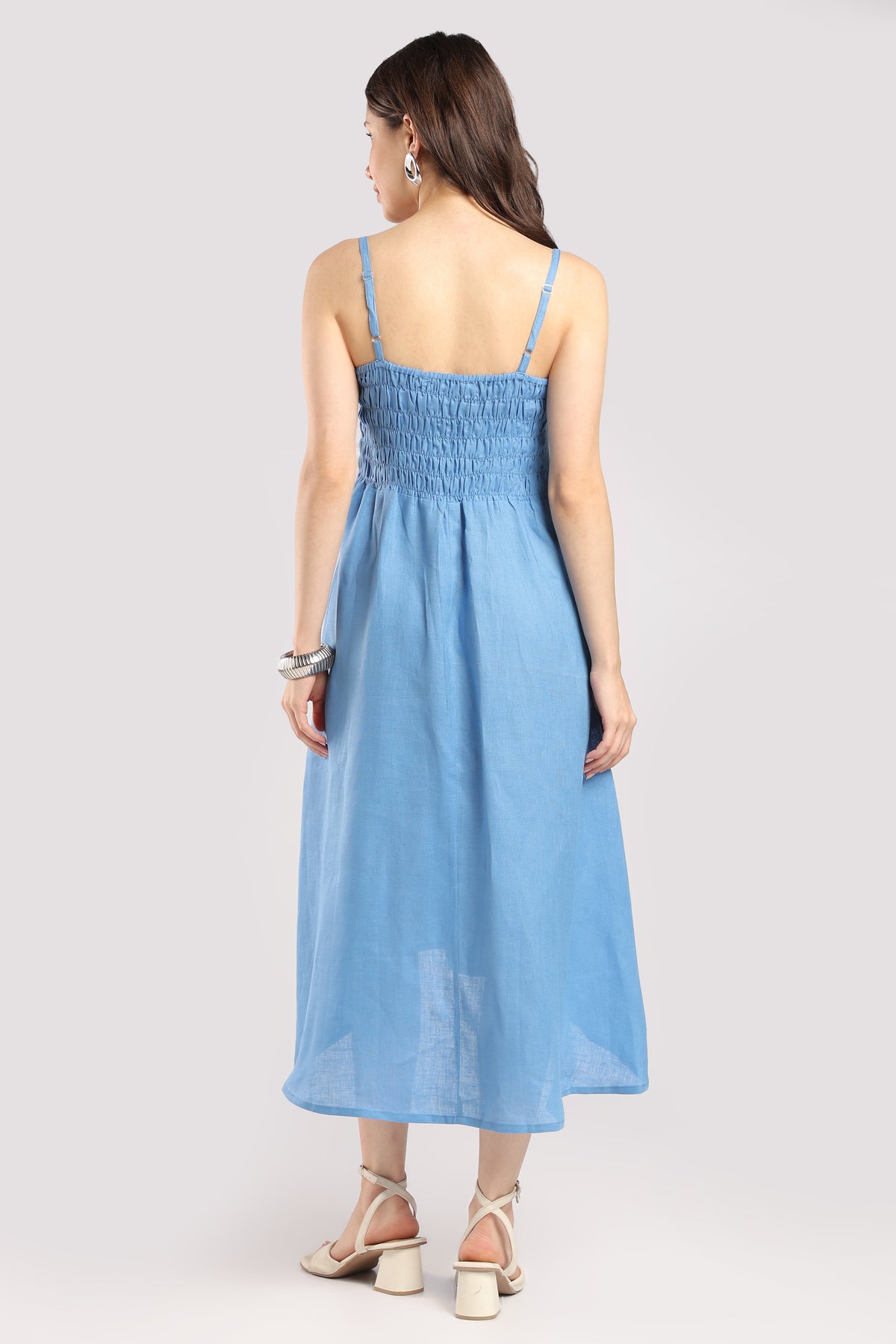Women Blue Pure linen shoulder-Strap High-Low Midi Dress