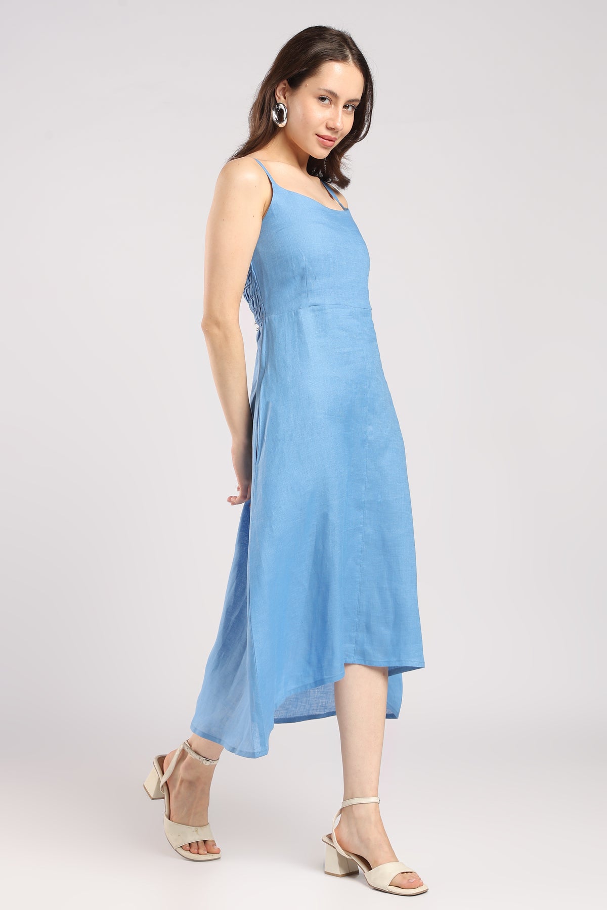 Women Blue Pure linen shoulder-Strap High-Low Midi Dress