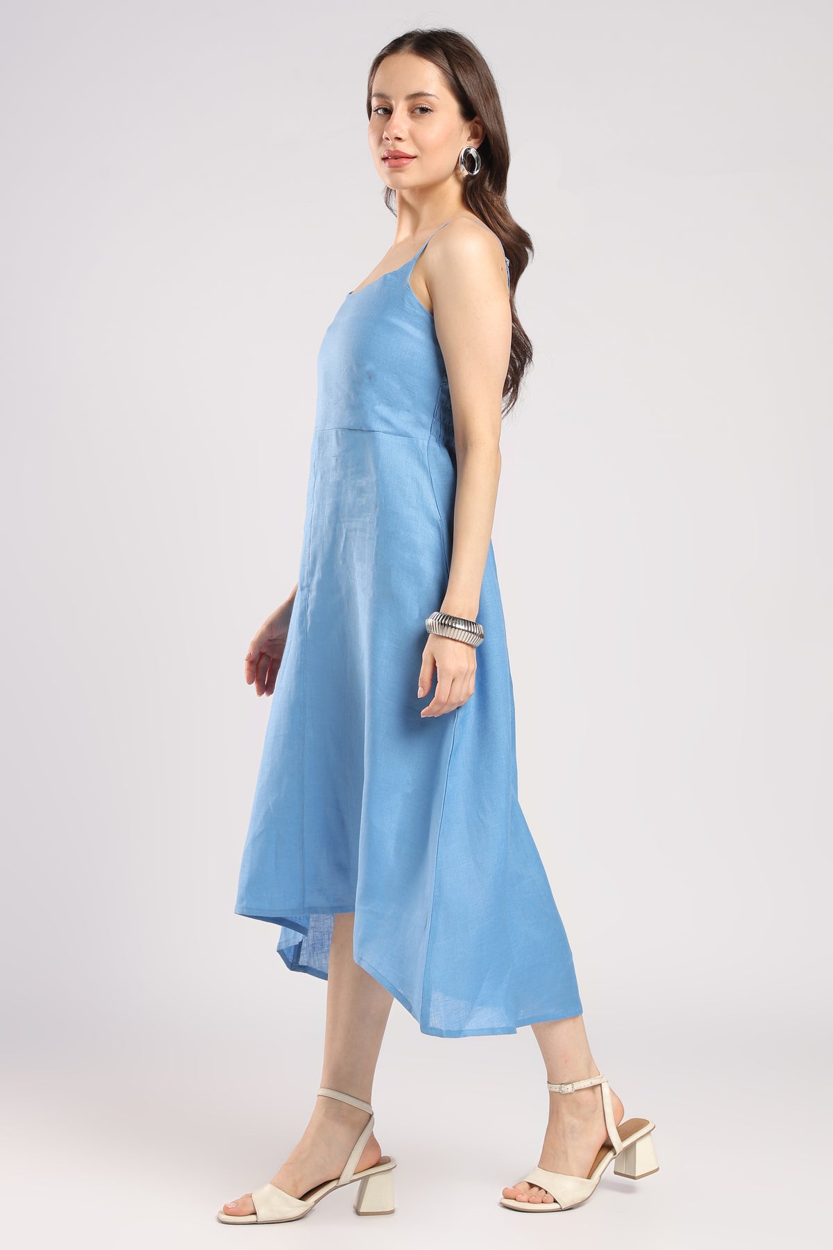 Women Blue Pure linen shoulder-Strap High-Low Midi Dress