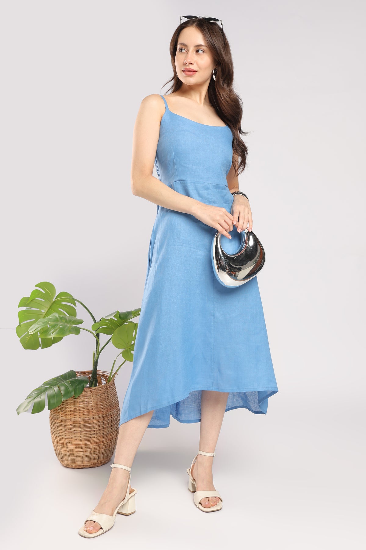 Women Blue Pure linen shoulder-Strap High-Low Midi Dress