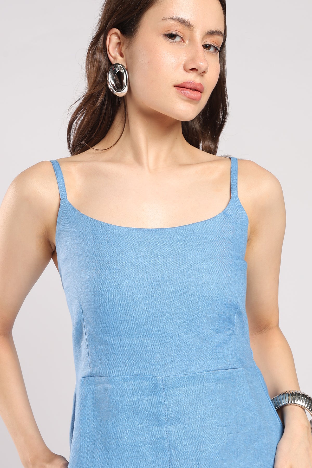 Women Blue Pure linen shoulder-Strap High-Low Midi Dress