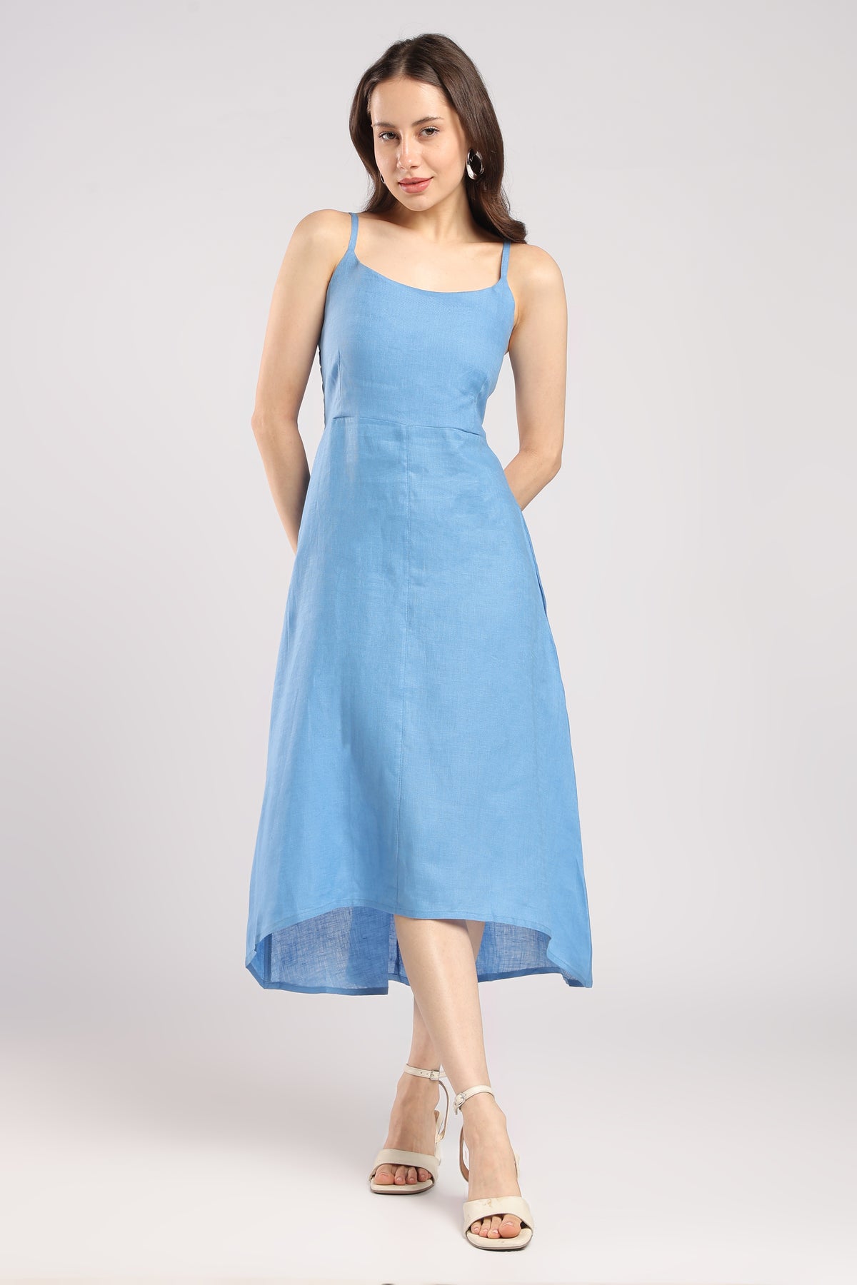Women Blue Pure linen shoulder-Strap High-Low Midi Dress
