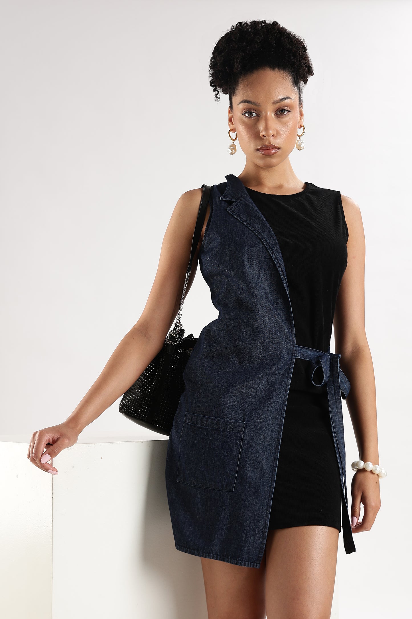 Bodycon Dress with Denim Overlay Black and Blue
