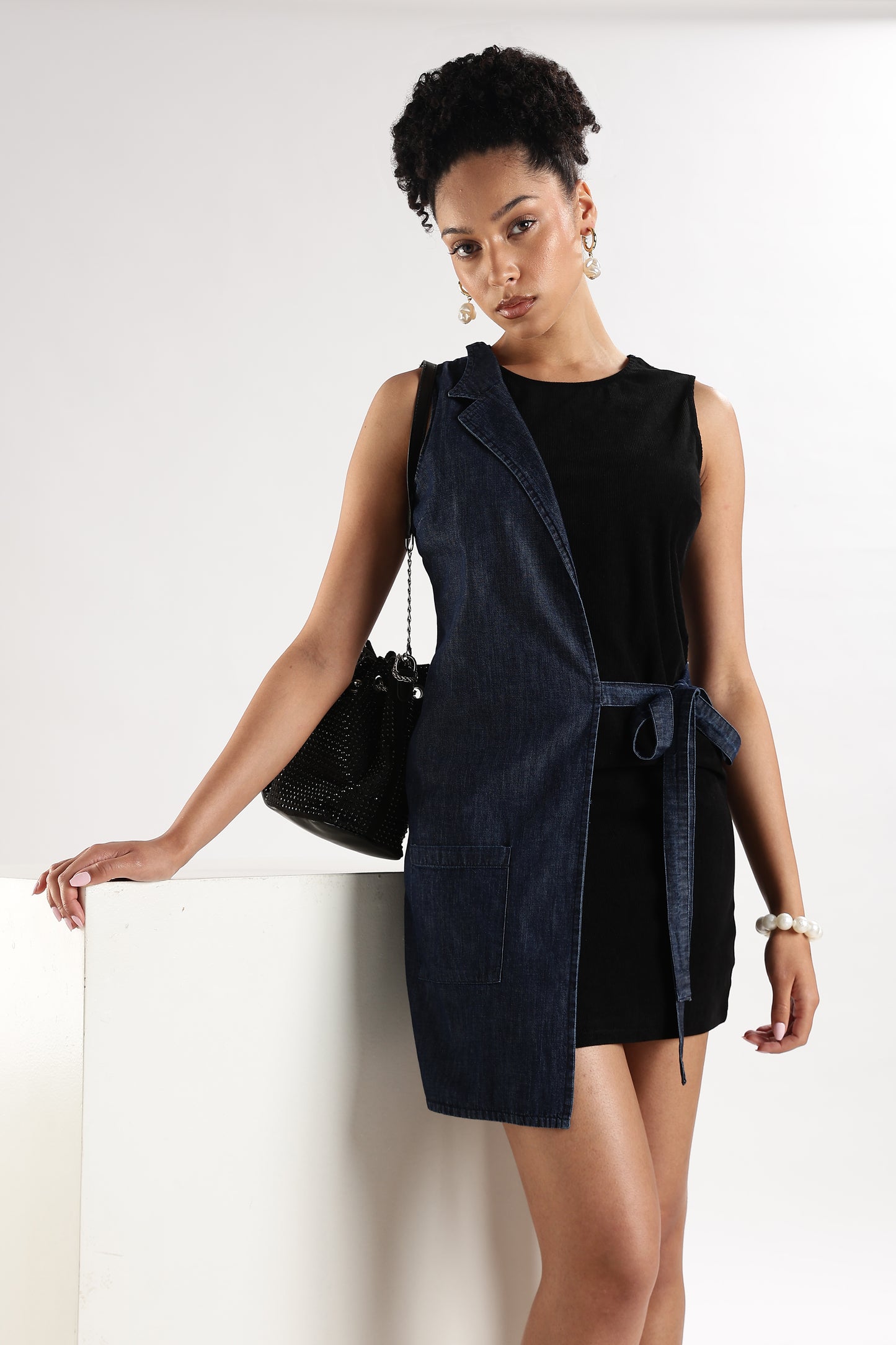 Bodycon Dress with Denim Overlay Black and Blue