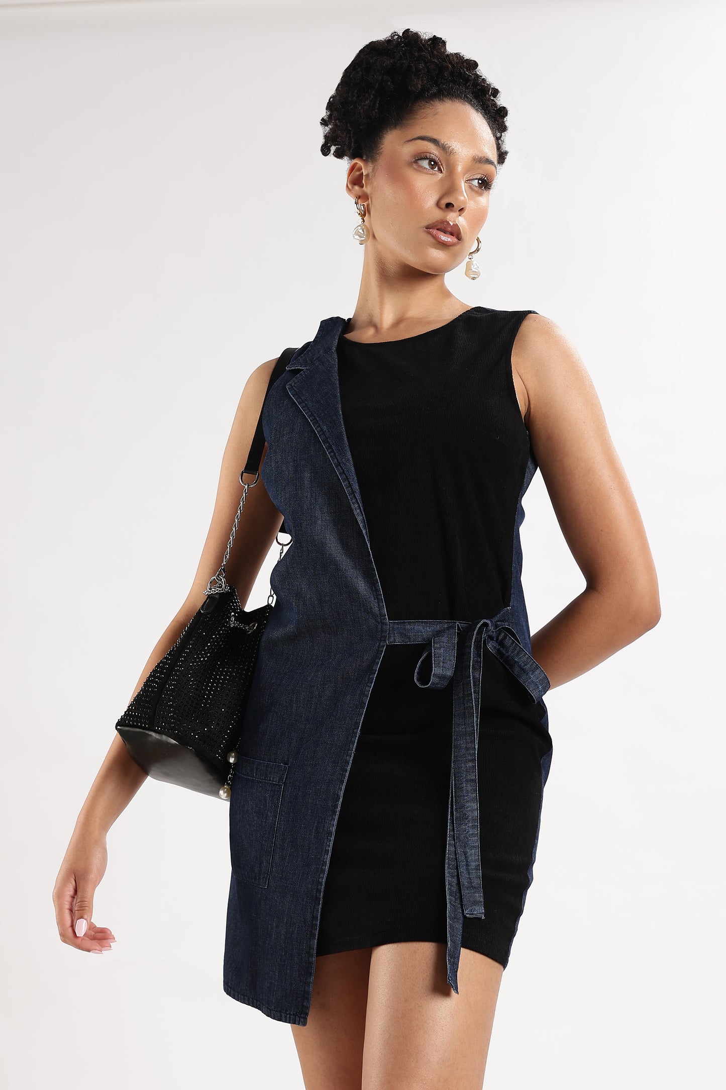 Bodycon Dress with Denim Overlay Black and Blue