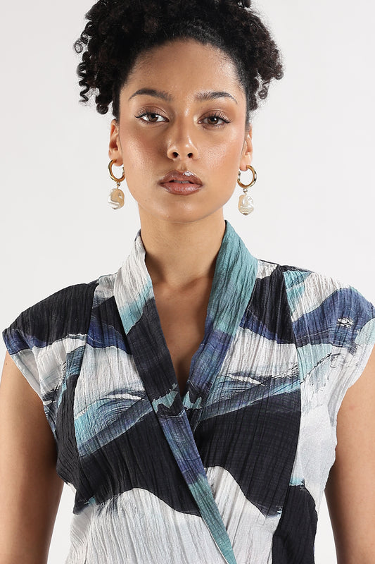 Crinkle Textured Wrap Mini Dress Blue