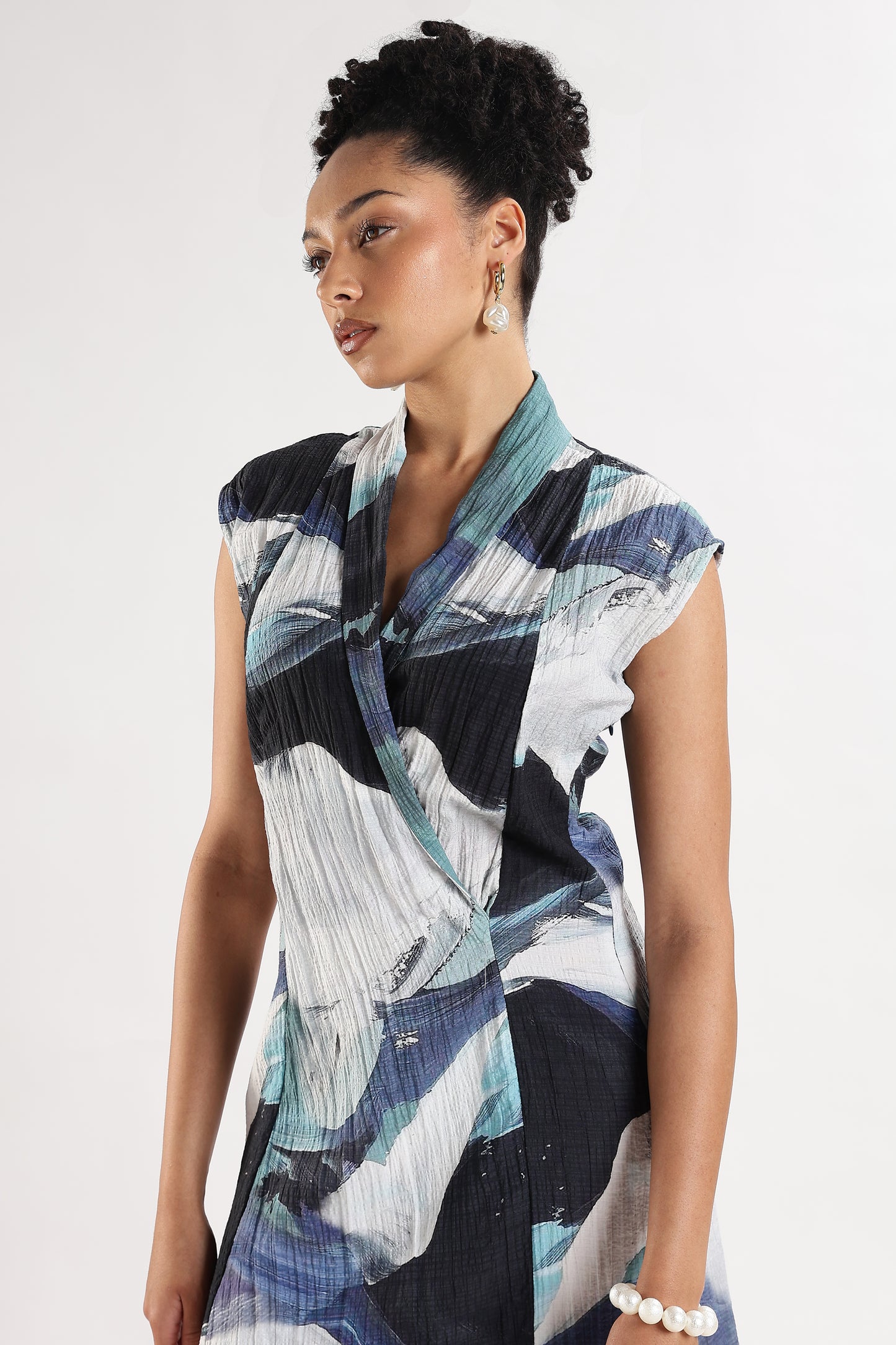 Crinkle Textured Wrap Mini Dress Blue