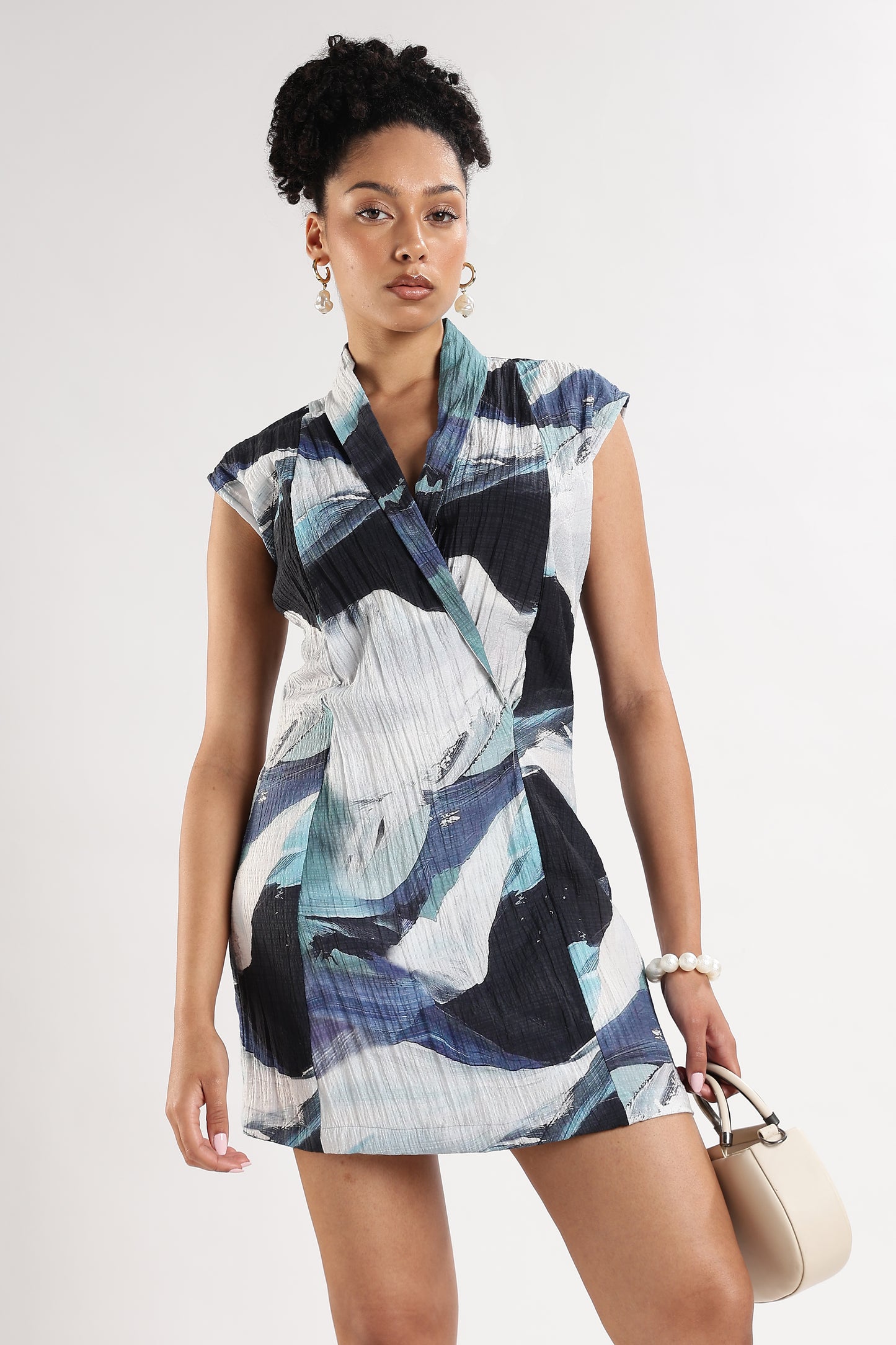 Crinkle Textured Wrap Mini Dress Blue