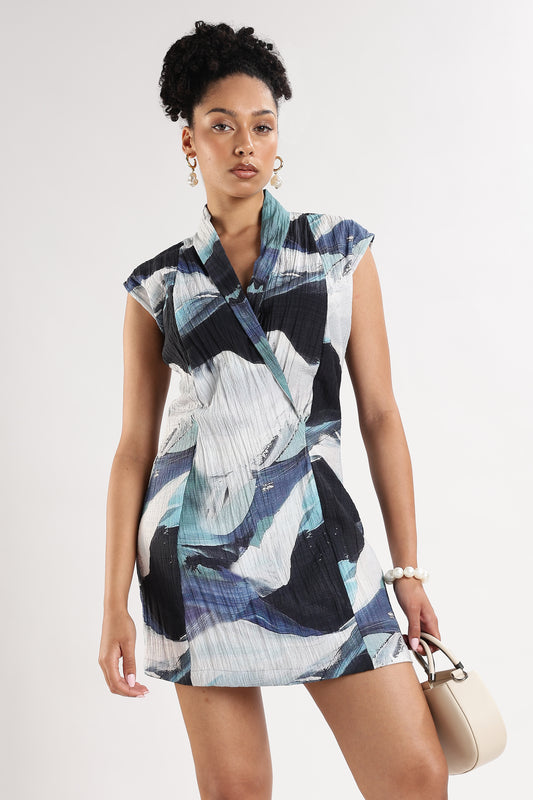 Crinkle Textured Wrap Mini Dress Blue