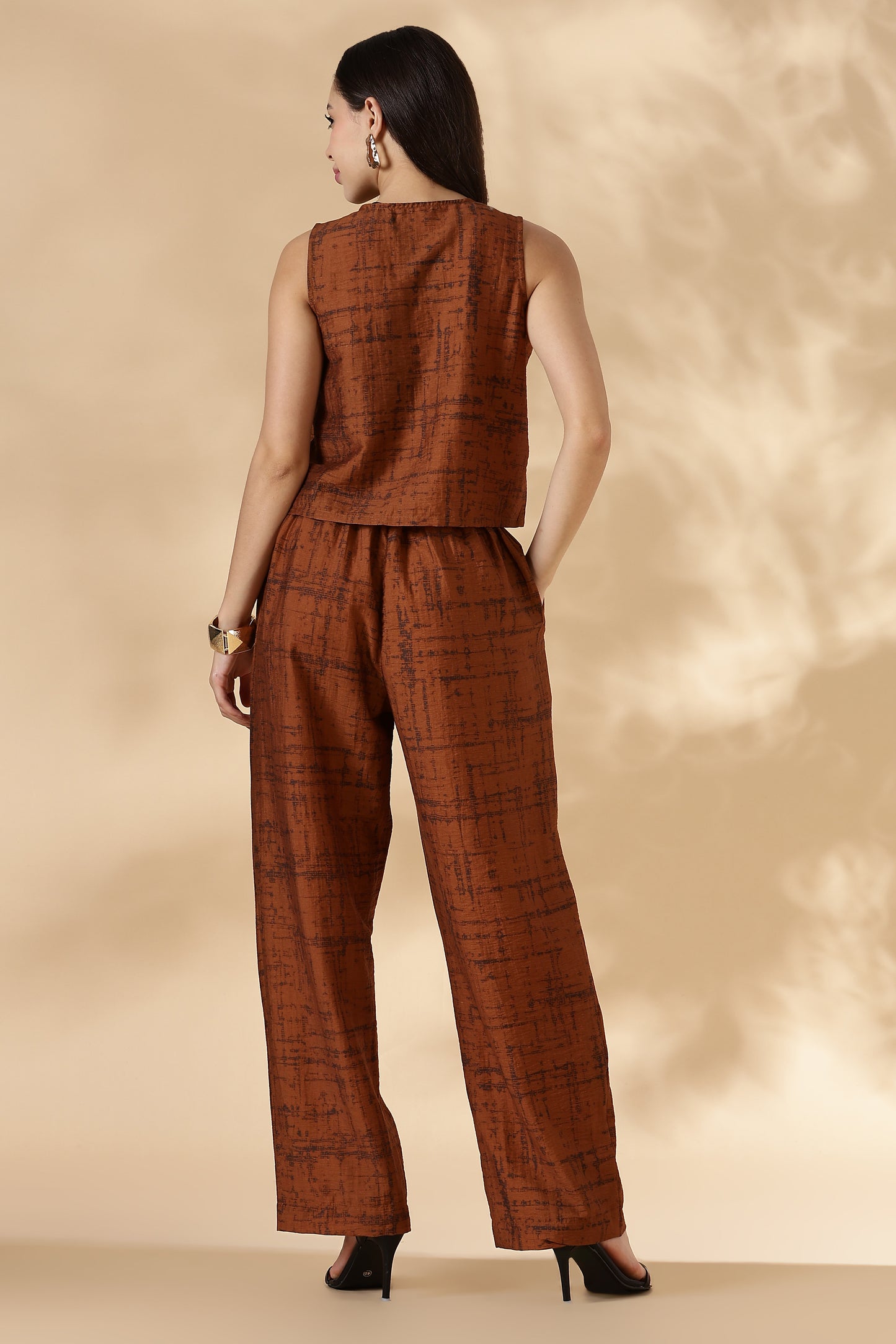 Printed Trousers with Back Elastic Detail Rust Orange