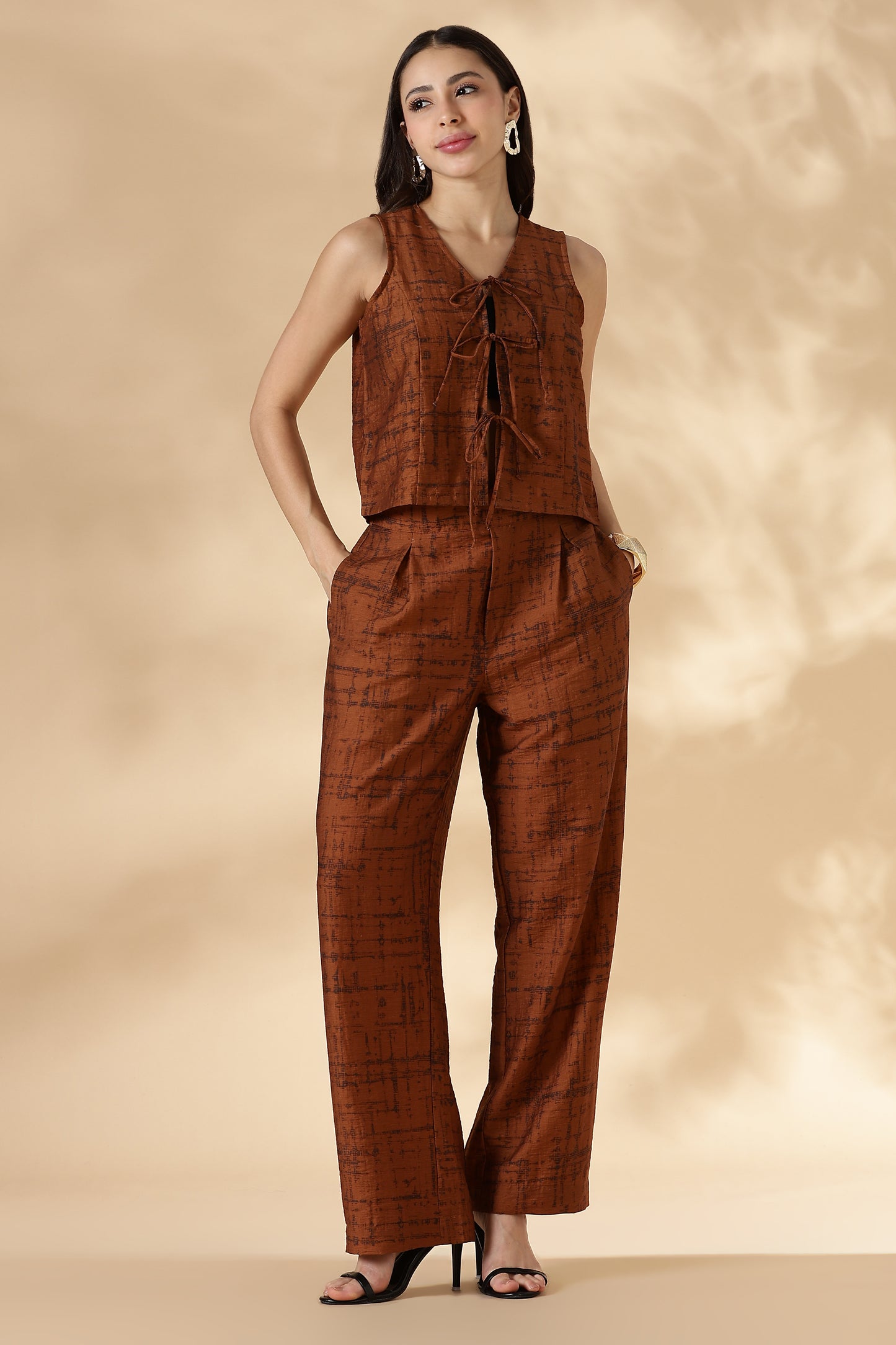 Printed Sleeveless Top With Front Tie Ups Rust Orange