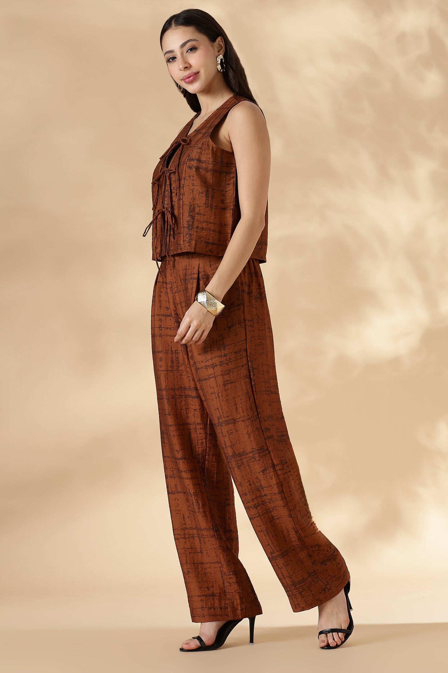 Printed Trousers with Back Elastic Detail Rust Orange