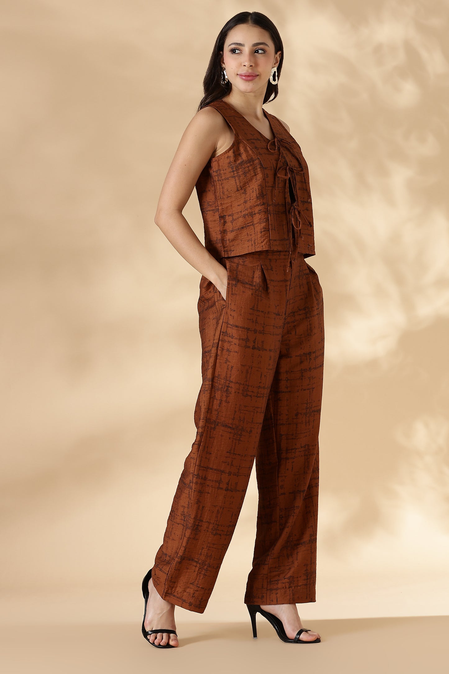 Printed Trousers with Back Elastic Detail Rust Orange