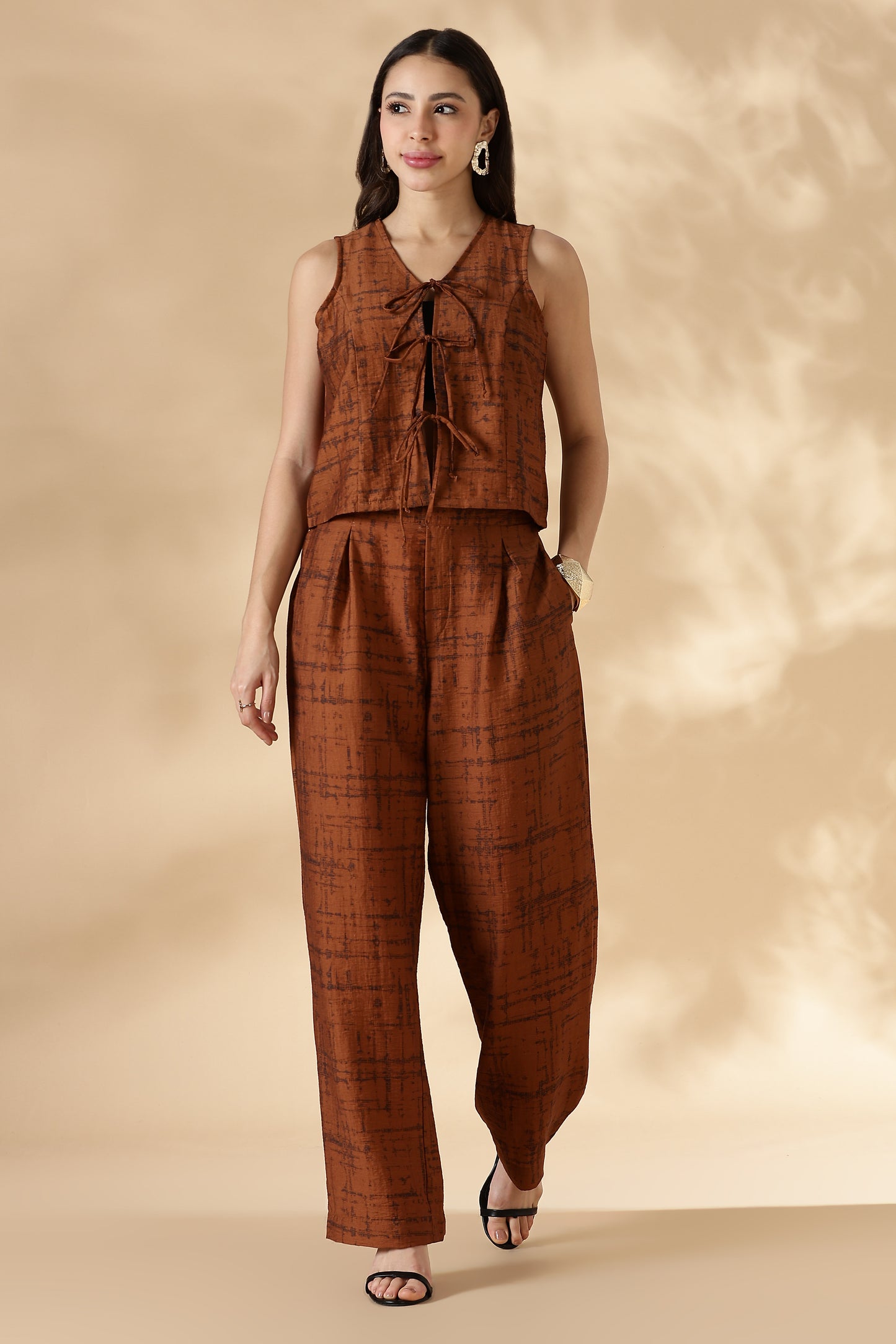 Printed Sleeveless Top With Front Tie Ups Rust Orange