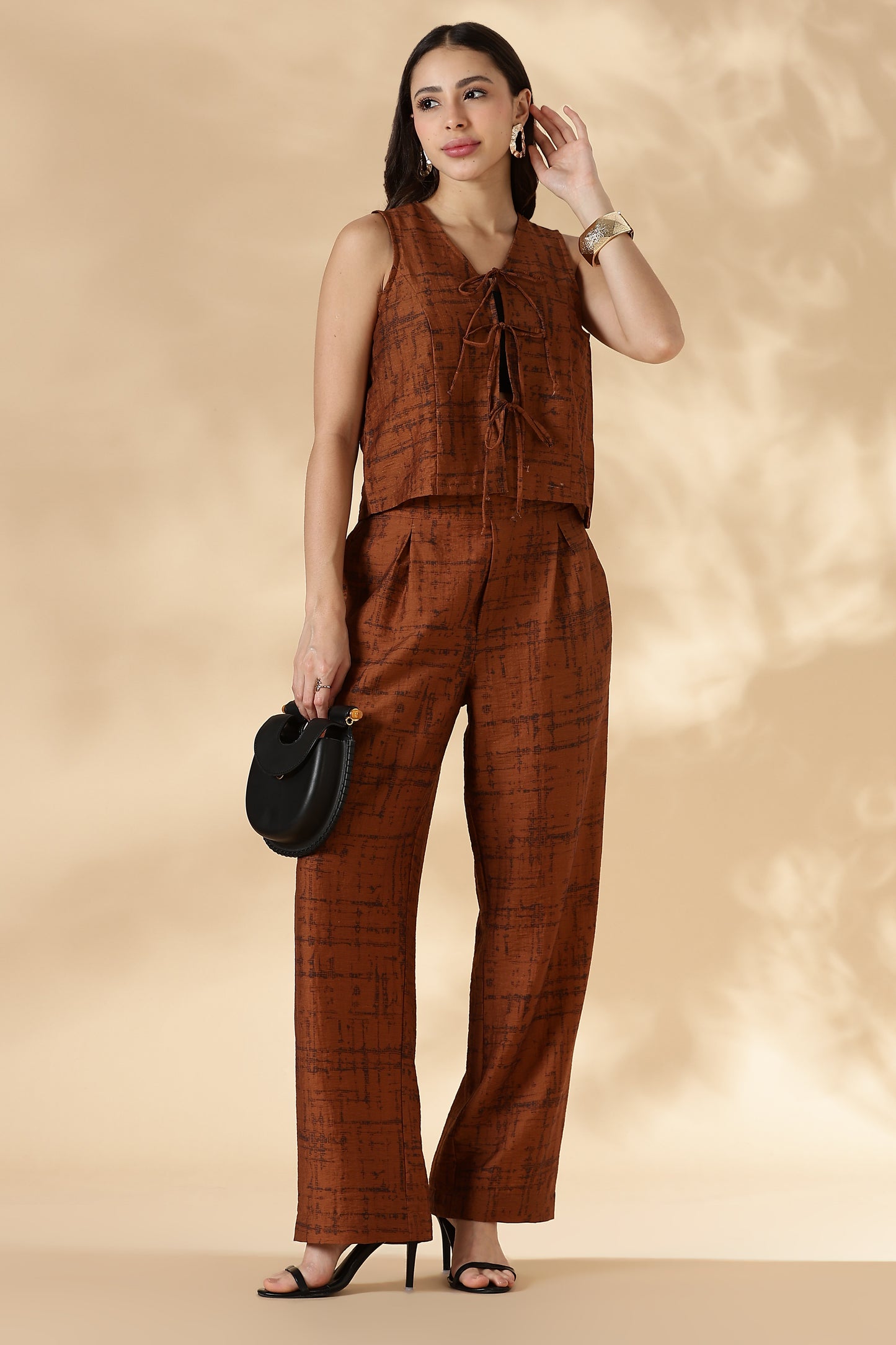 Printed Trousers with Back Elastic Detail Rust Orange