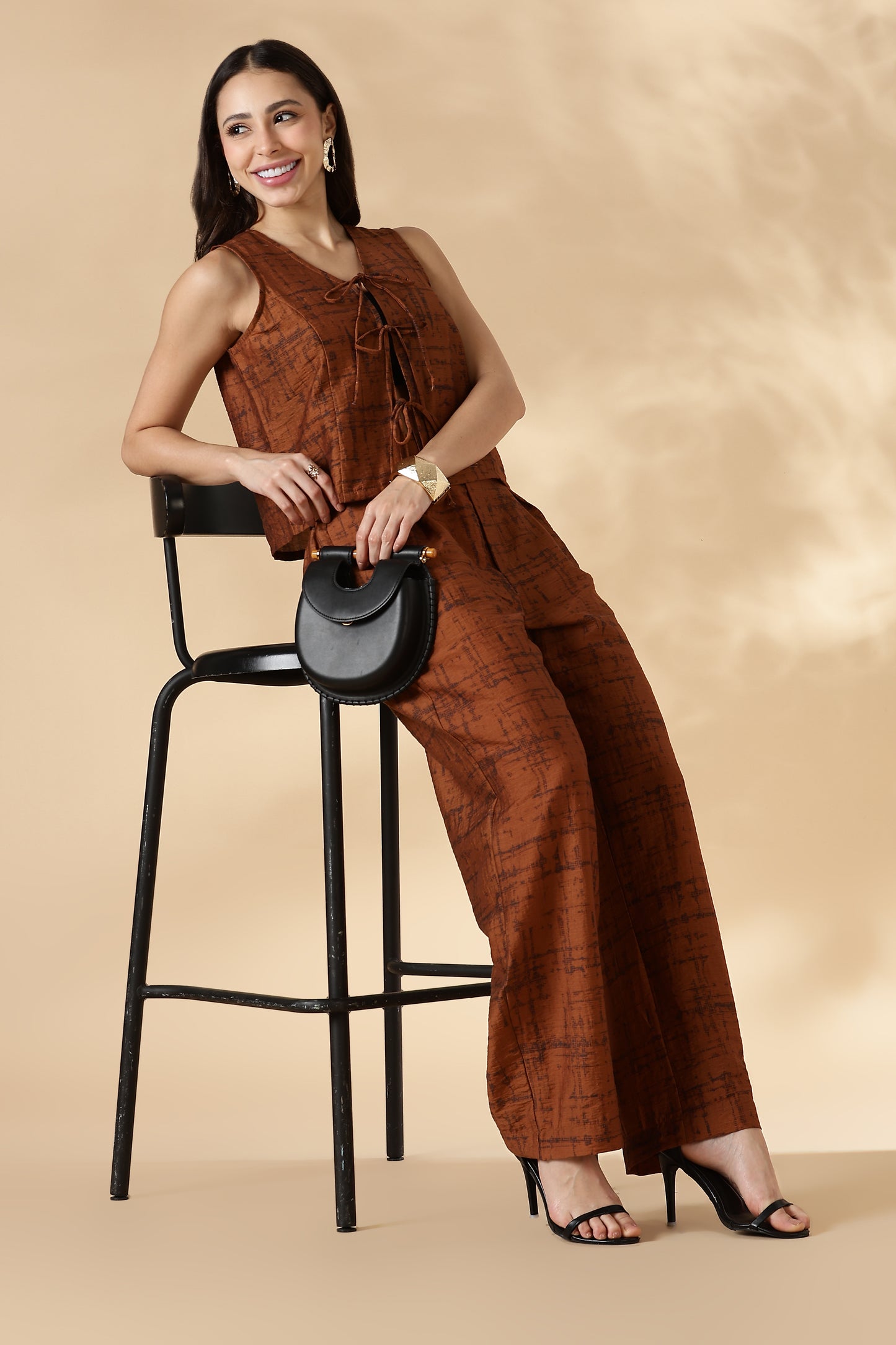 Printed Trousers with Back Elastic Detail Rust Orange