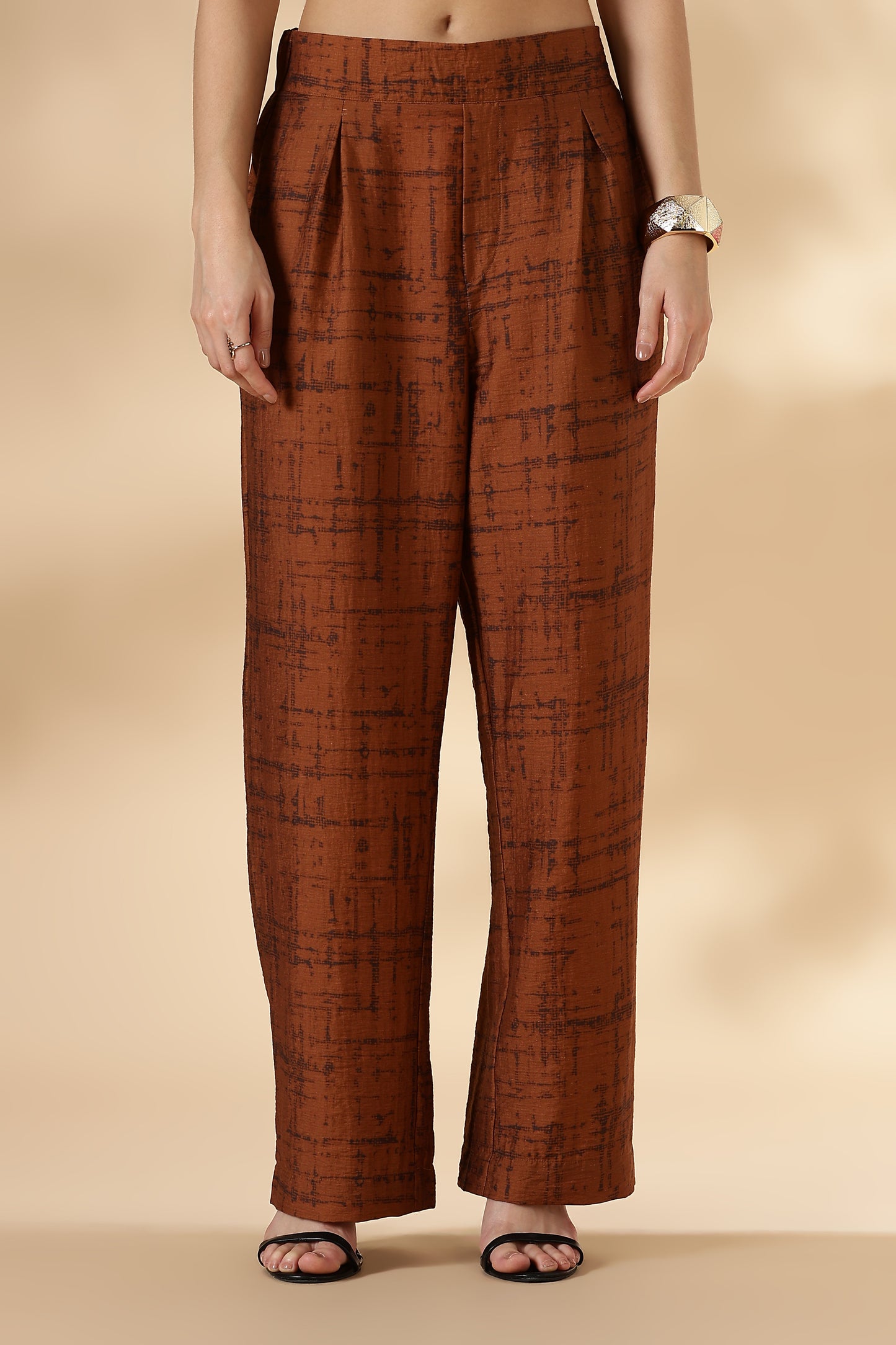 Printed Trousers with Back Elastic Detail Rust Orange
