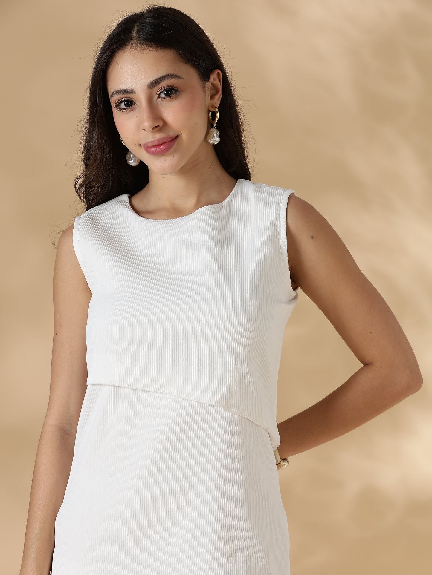 Textured Layered Midi Dress White