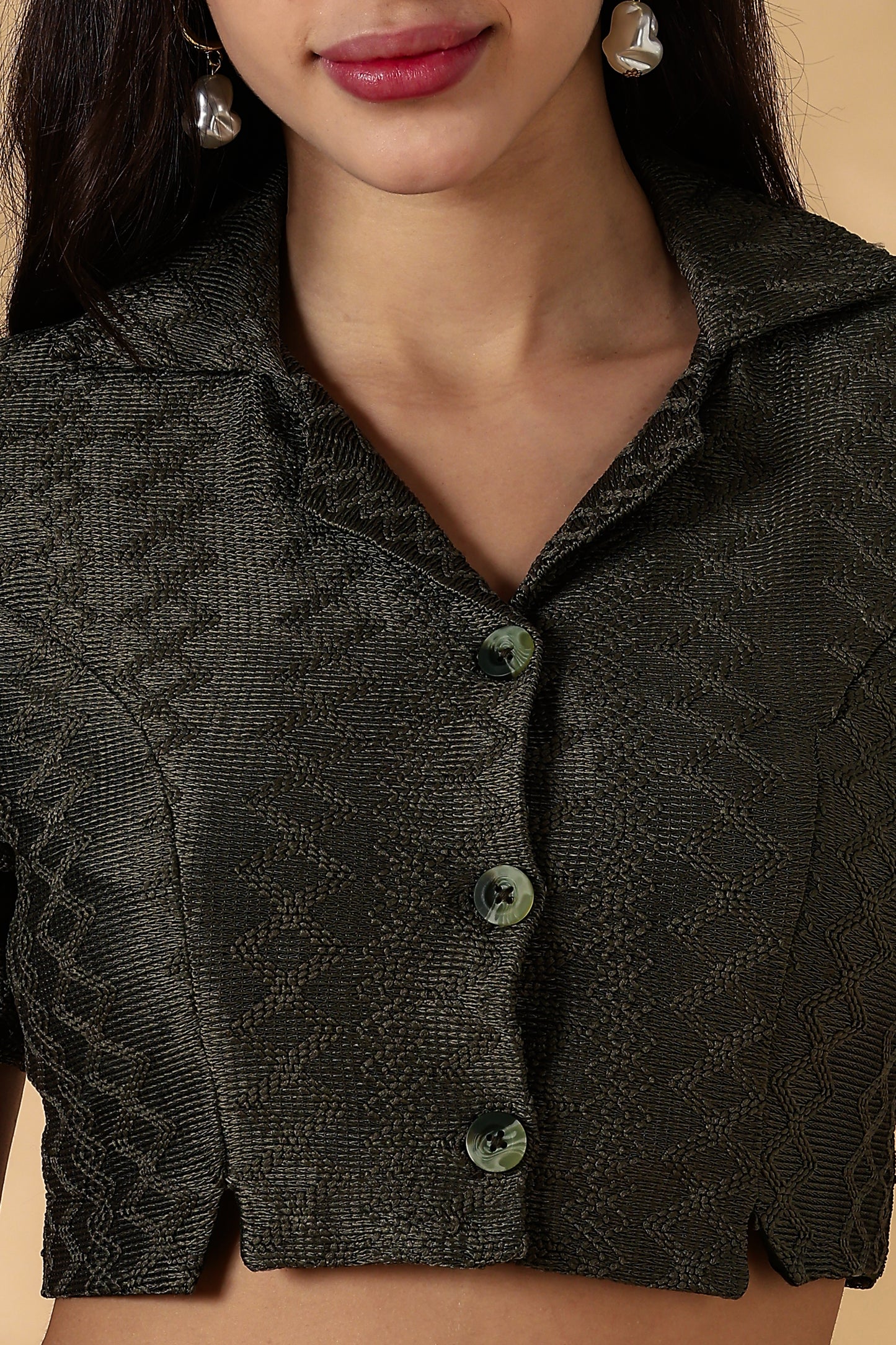 Green Knitted Camp Collar Shirt