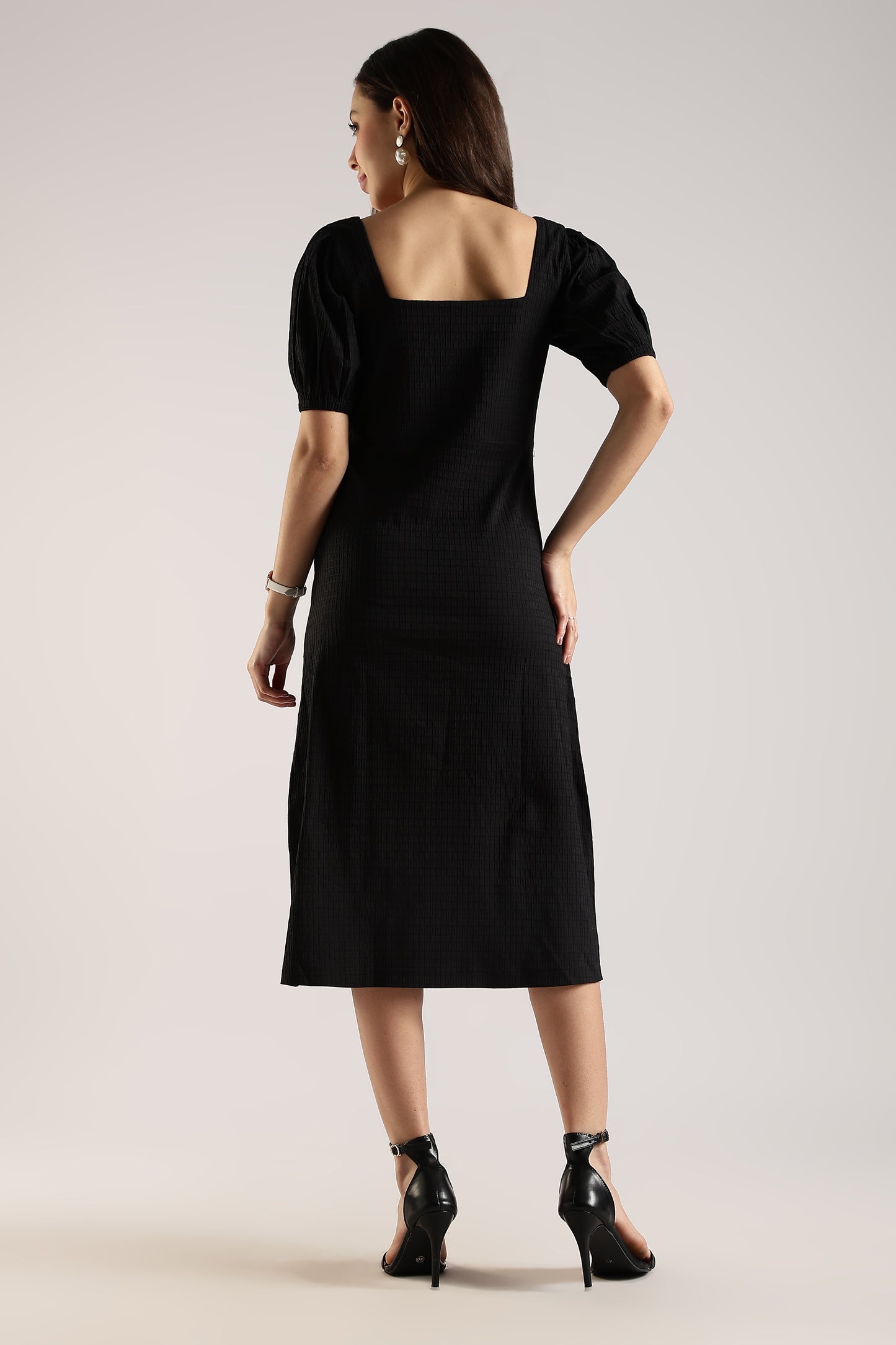 Textured Midi Dress with Square Neck & Side Slit Black