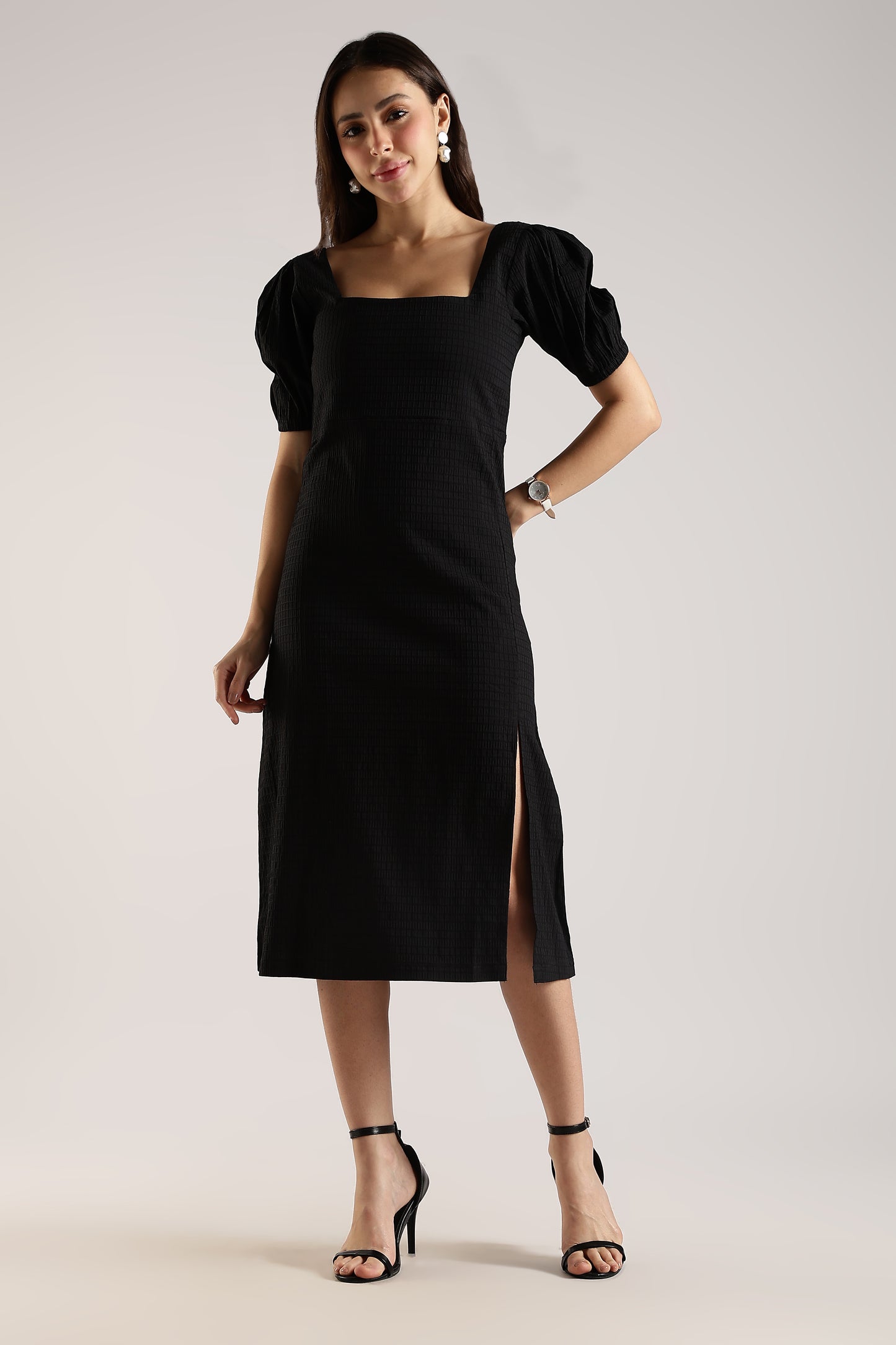 Textured Midi Dress with Square Neck & Side Slit Black