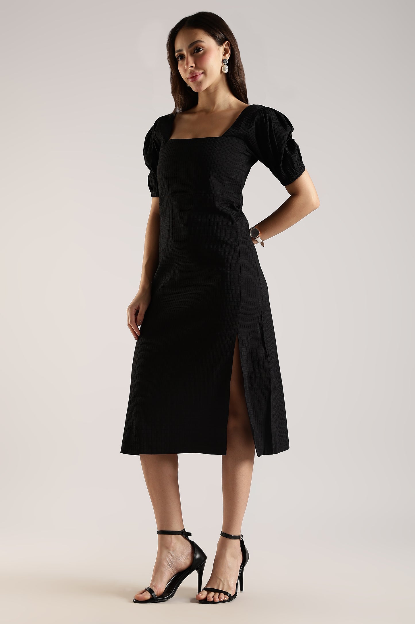 Textured Midi Dress with Square Neck & Side Slit Black