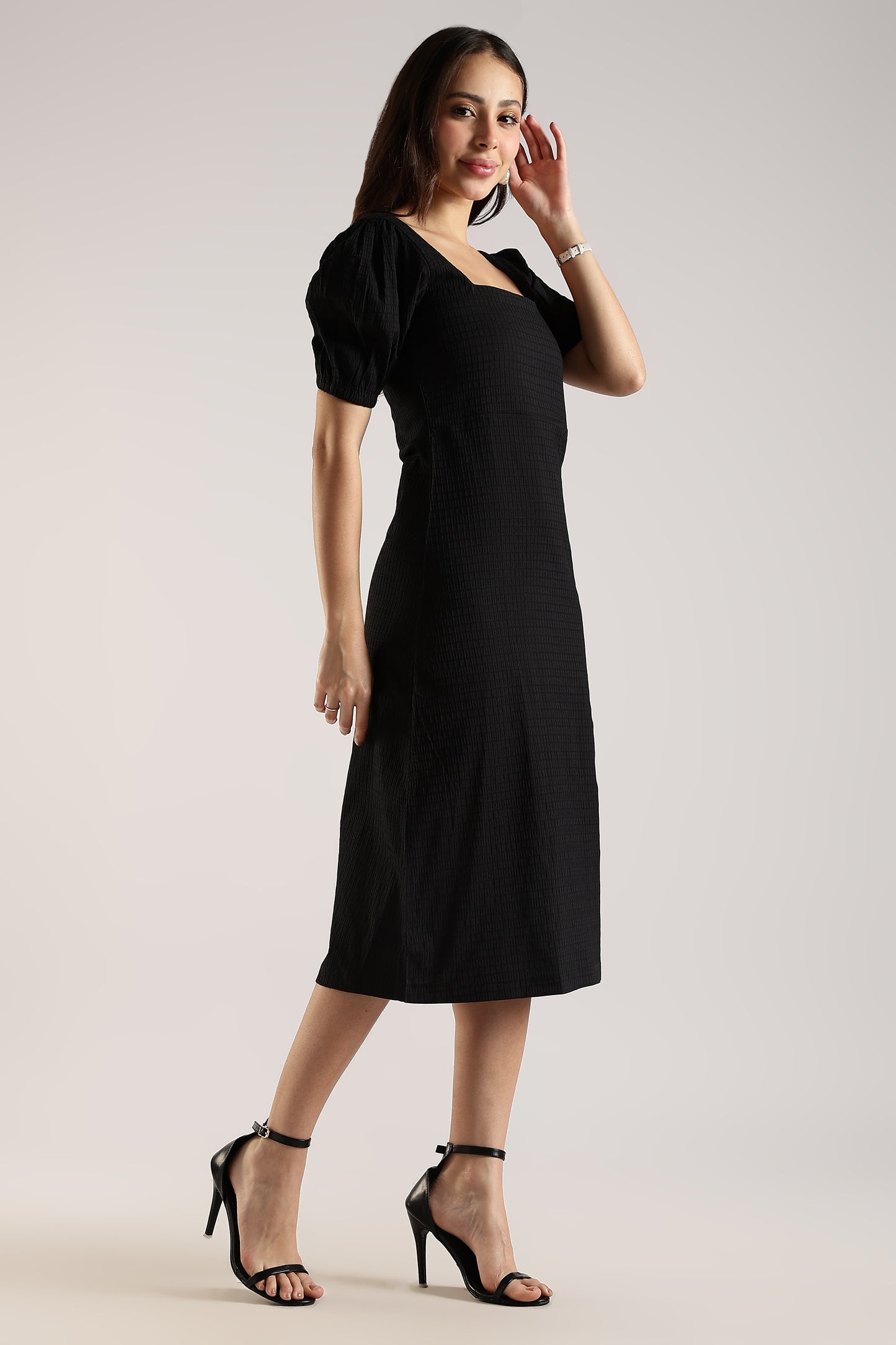 Textured Midi Dress with Square Neck & Side Slit Black