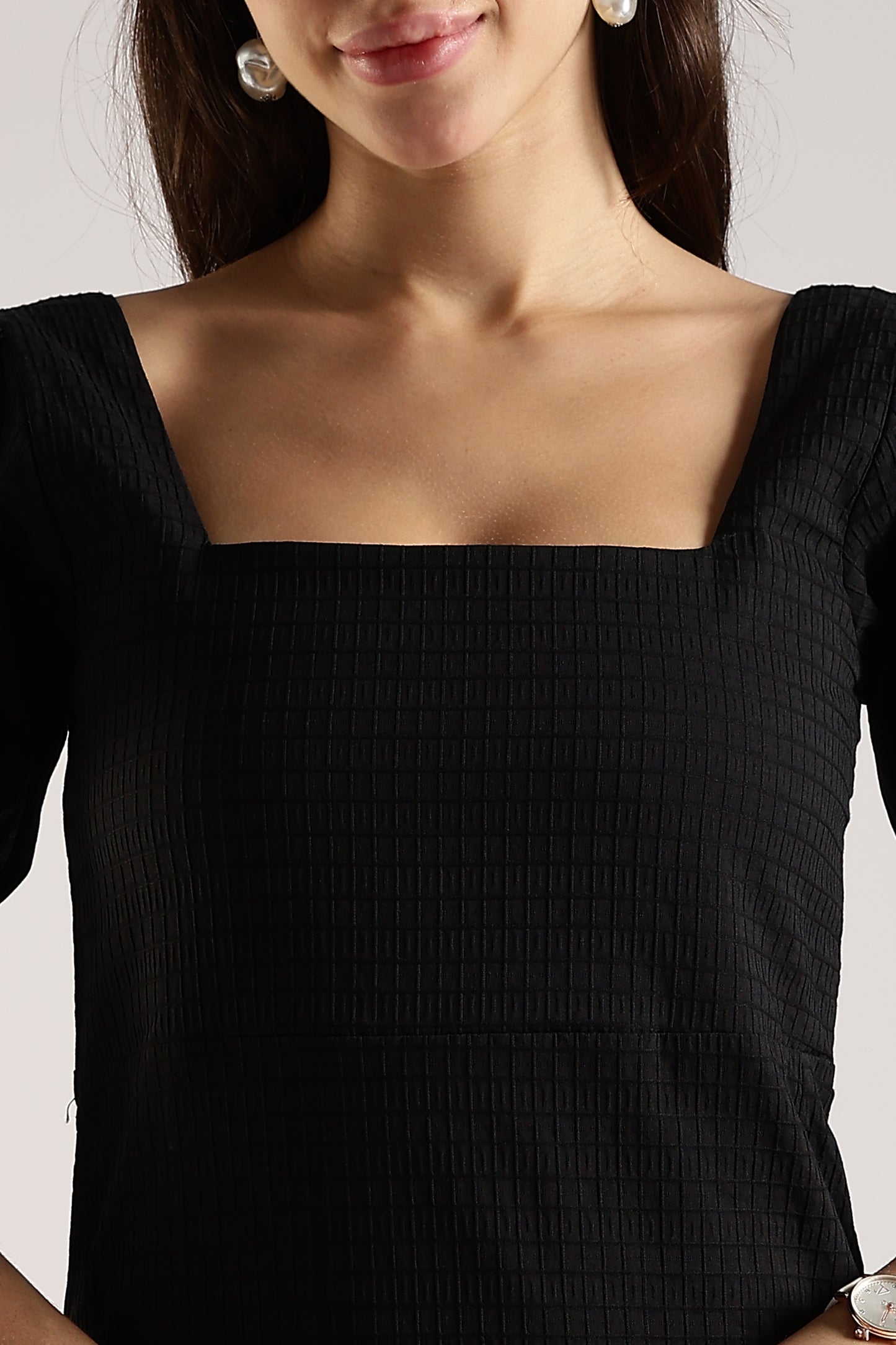 Textured Midi Dress with Square Neck & Side Slit Black