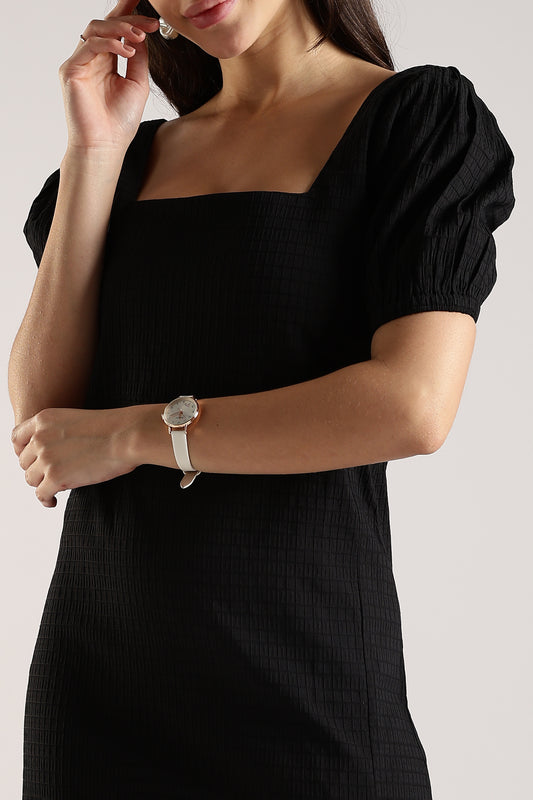 Textured Midi Dress with Square Neck & Side Slit Black