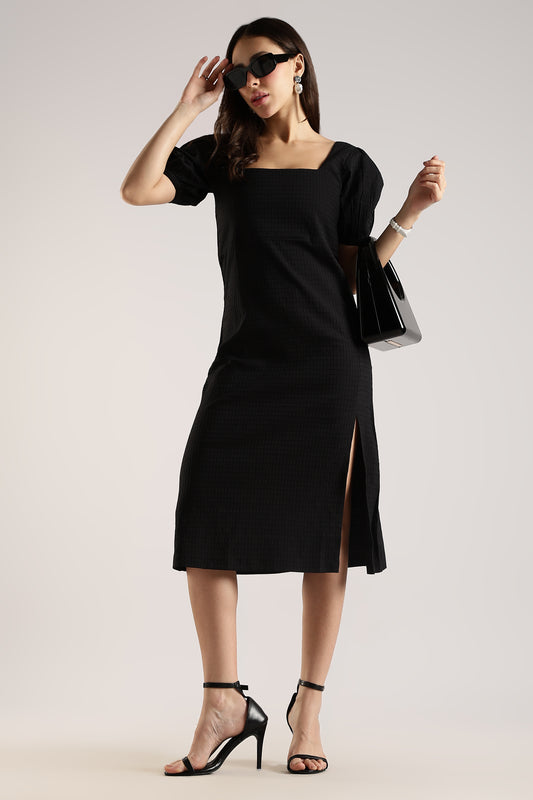 Textured Midi Dress with Square Neck & Side Slit Black