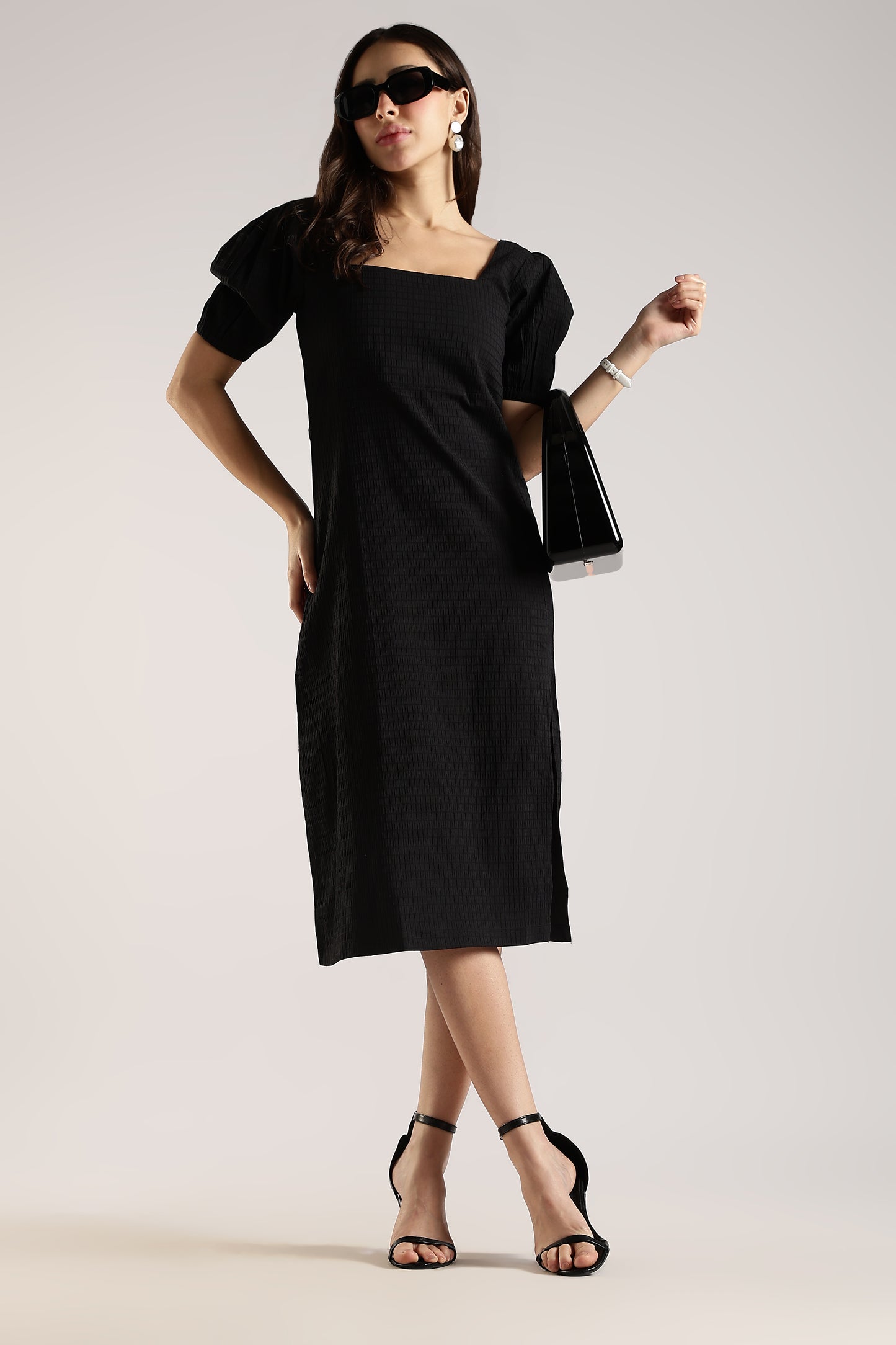 Textured Midi Dress with Square Neck & Side Slit Black