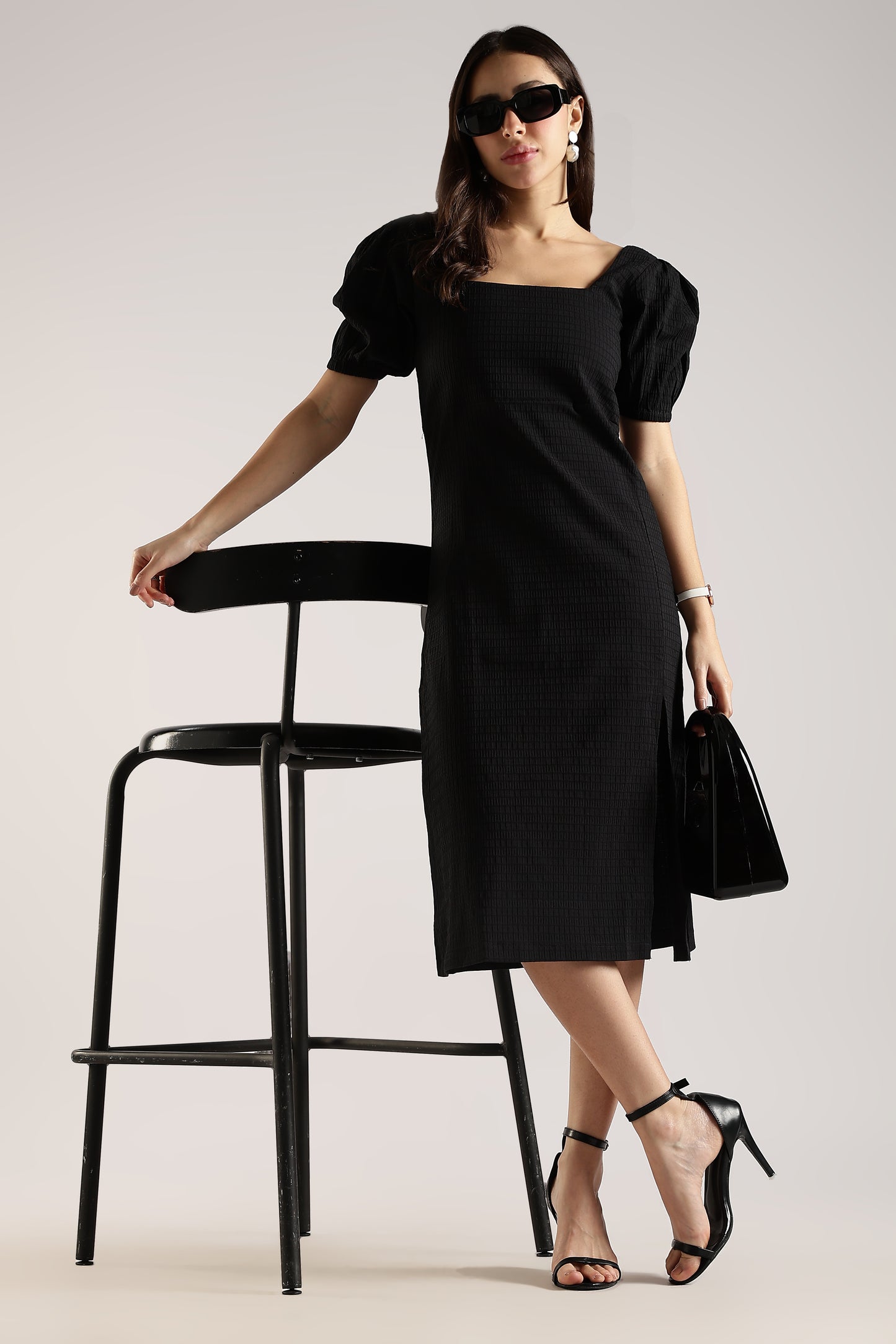 Textured Midi Dress with Square Neck & Side Slit Black