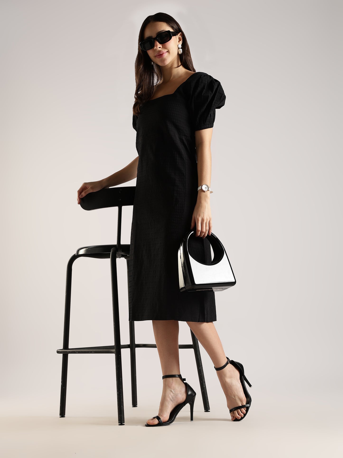 Textured Midi Dress with Square Neck & Side Slit Black