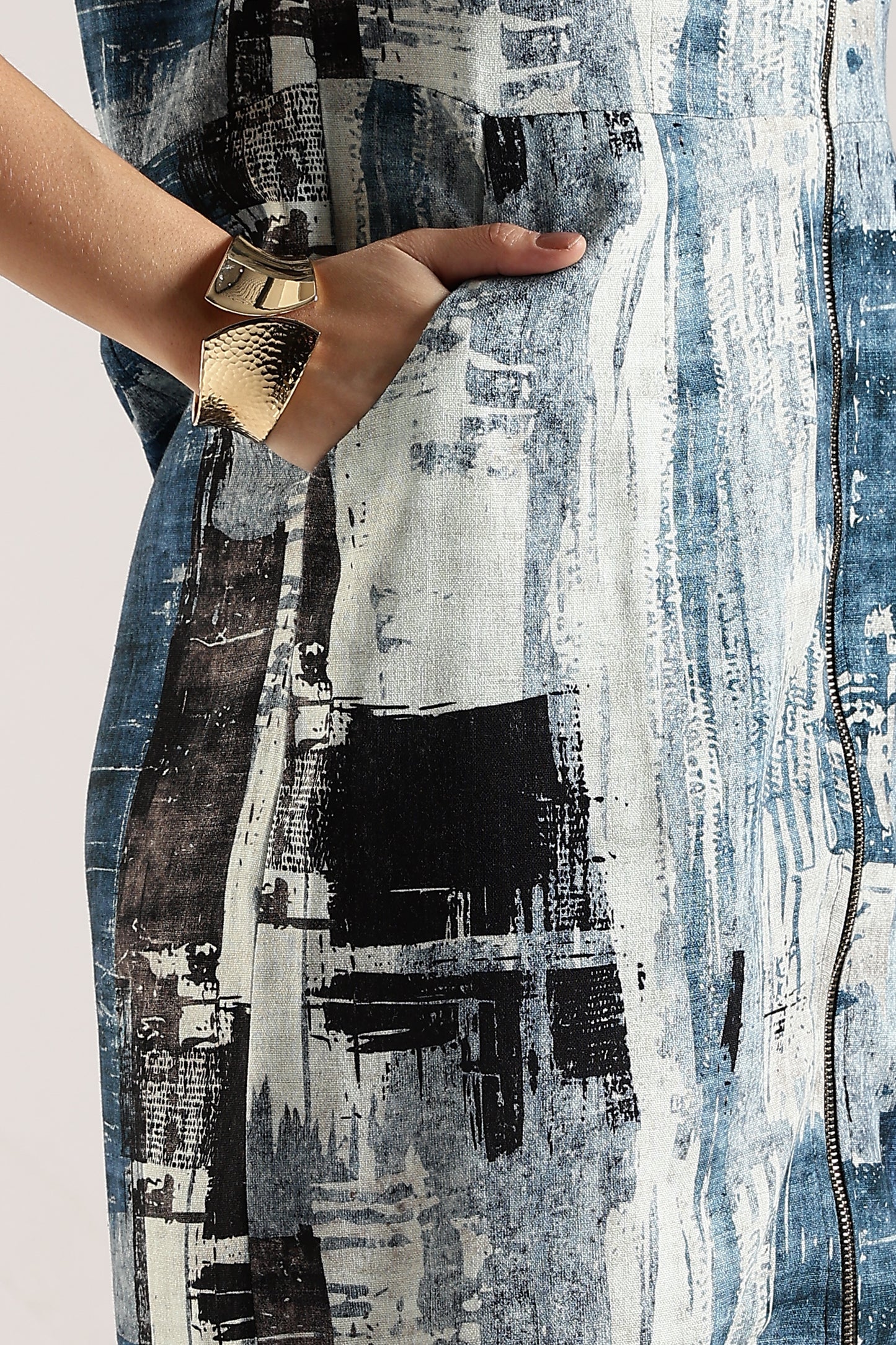Printed Shirt Dress with Front Zip Blue Abstract