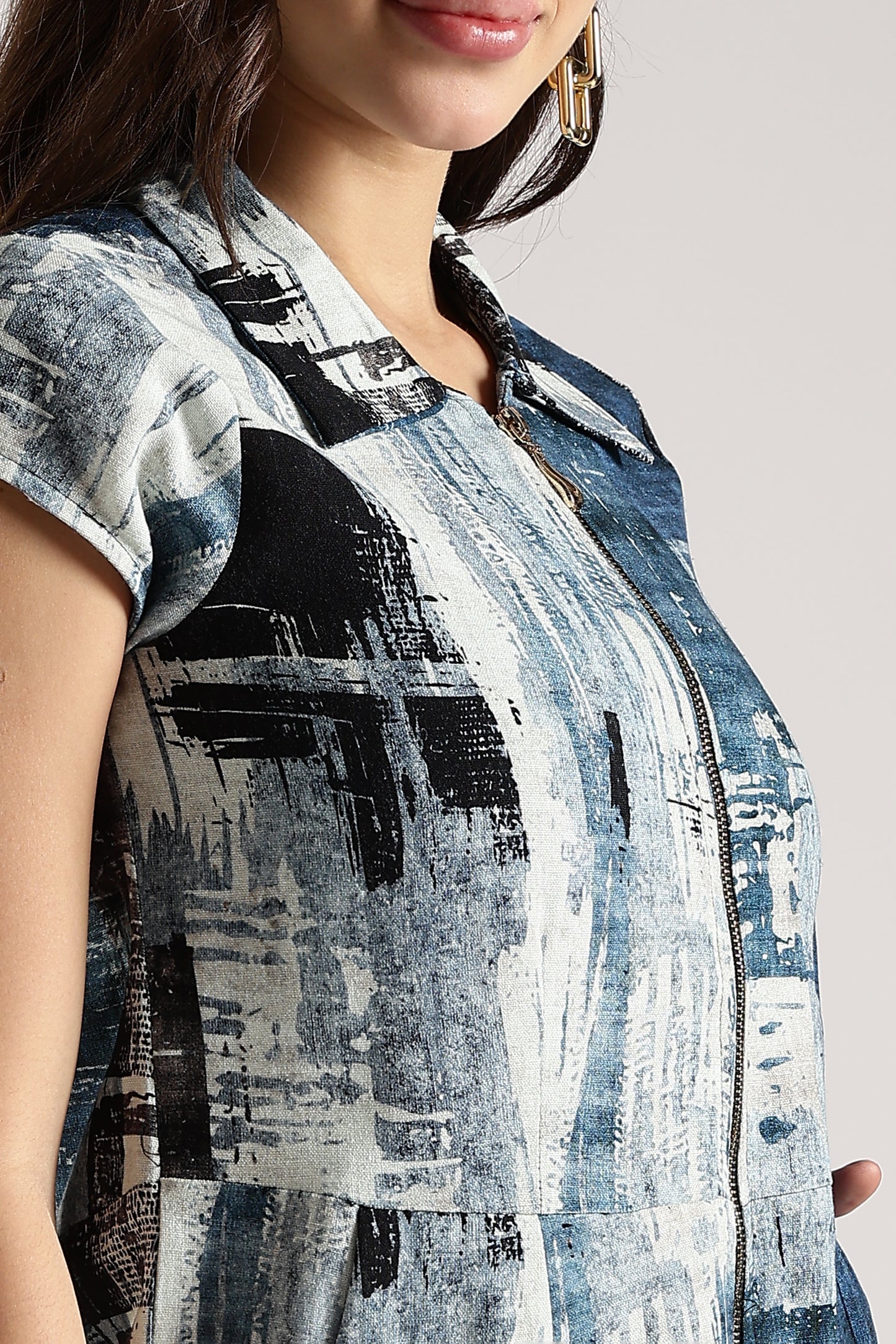 Printed Shirt Dress with Front Zip Blue Abstract