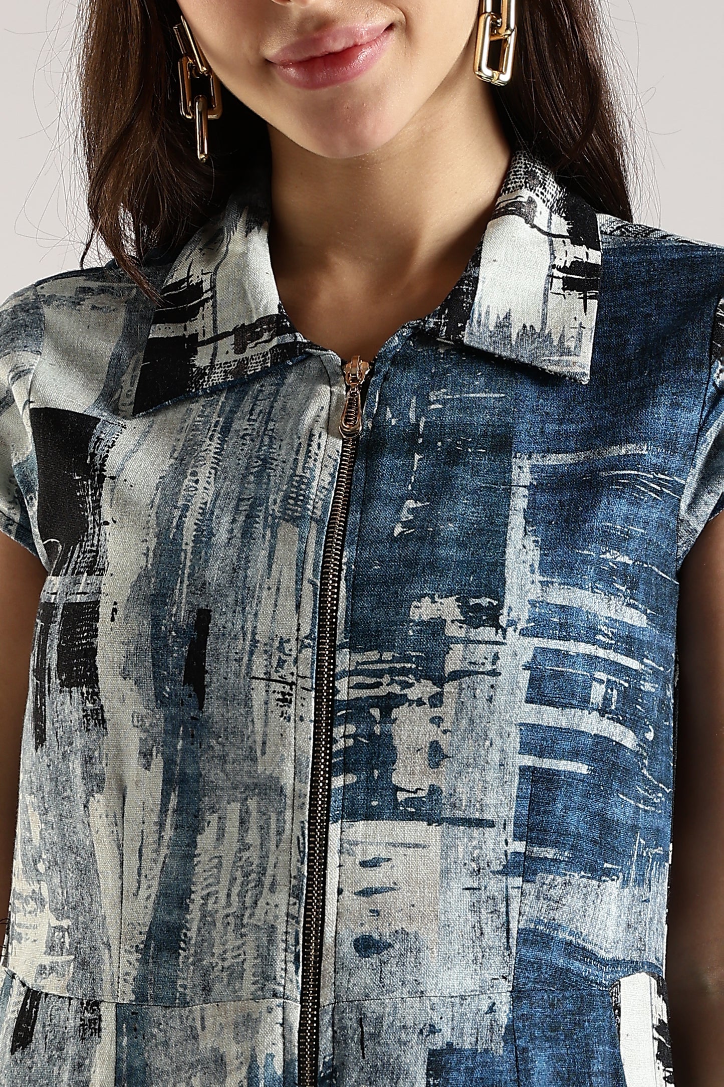 Printed Shirt Dress with Front Zip Blue Abstract