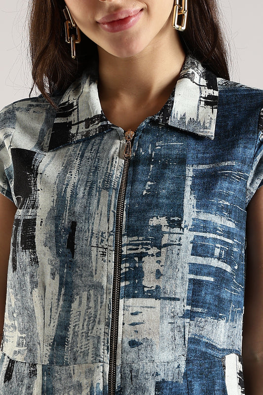 Printed Shirt Dress with Front Zip Blue Abstract