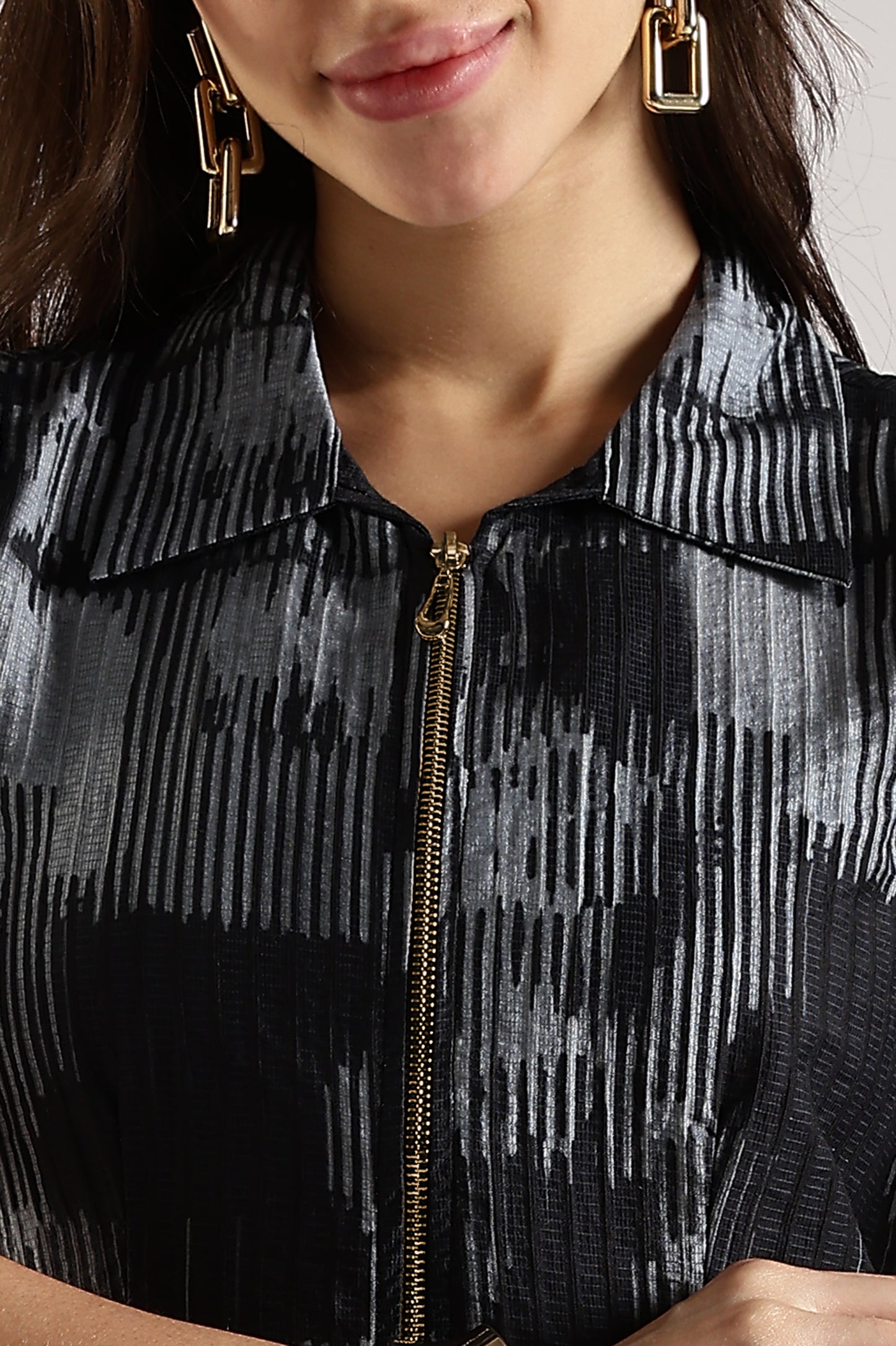 Printed Shirt Dress with Front Zip Grey Stripe Abstract