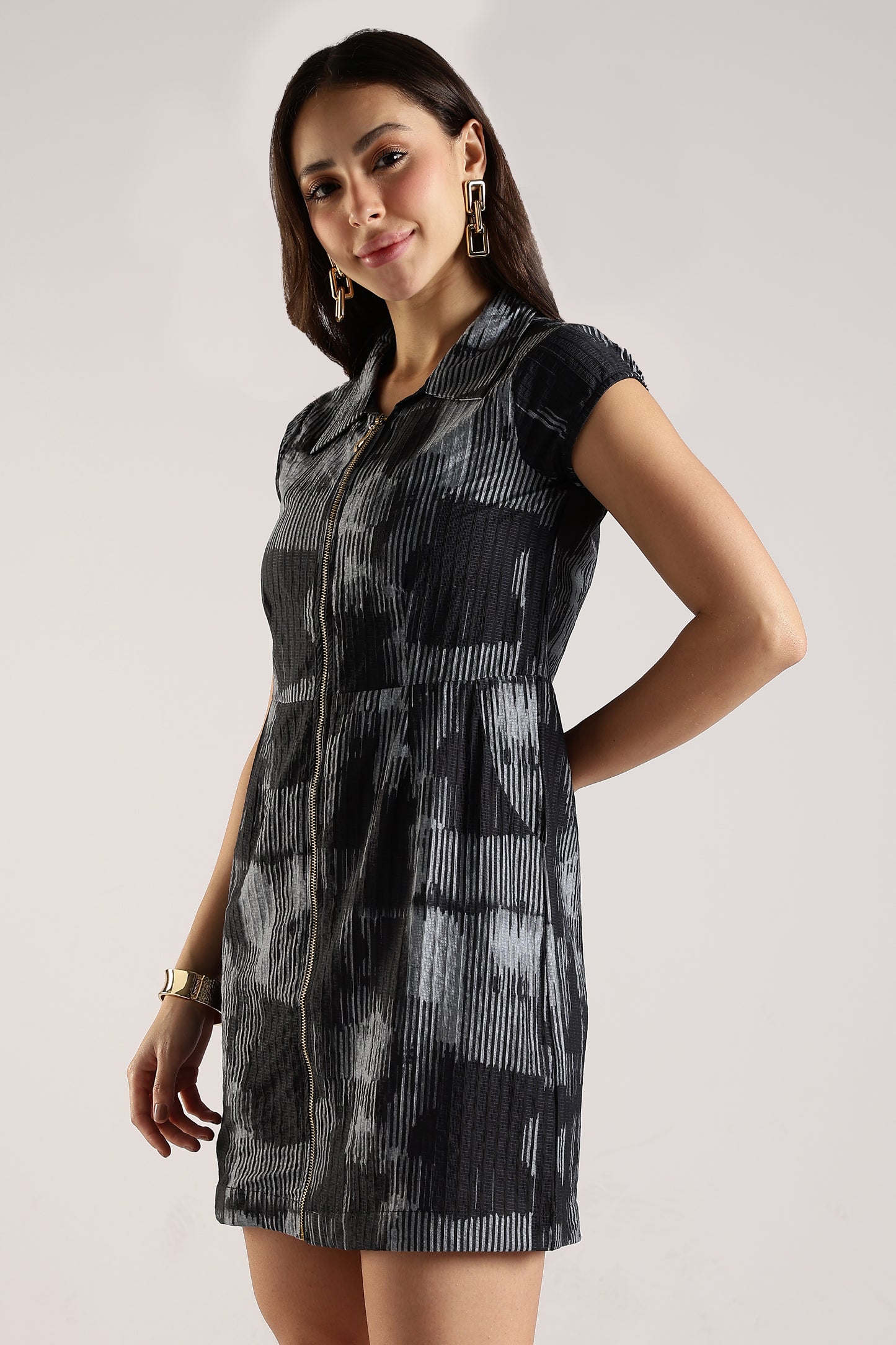 Printed Shirt Dress with Front Zip Grey Stripe Abstract