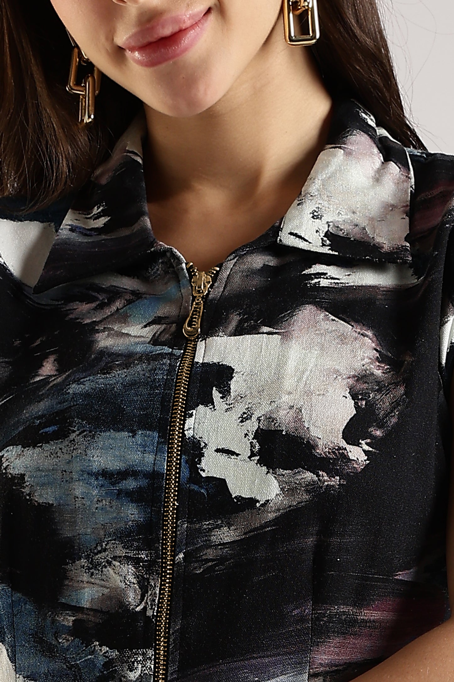 Printed Shirt Dress with Front Zip Dark Abstract