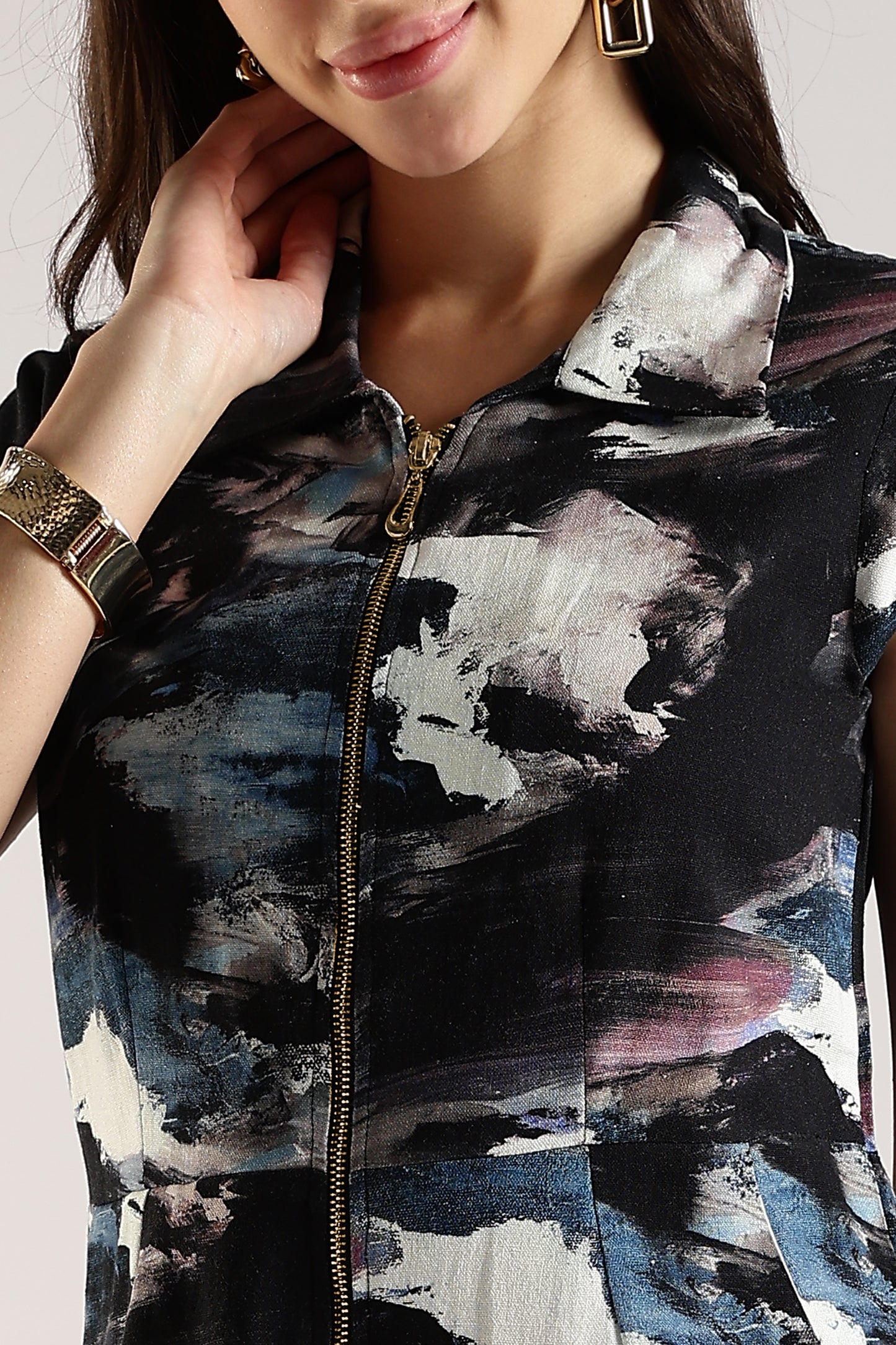Printed Shirt Dress with Front Zip Dark Abstract