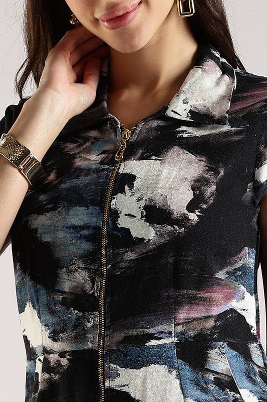 Printed Shirt Dress with Front Zip Dark Abstract