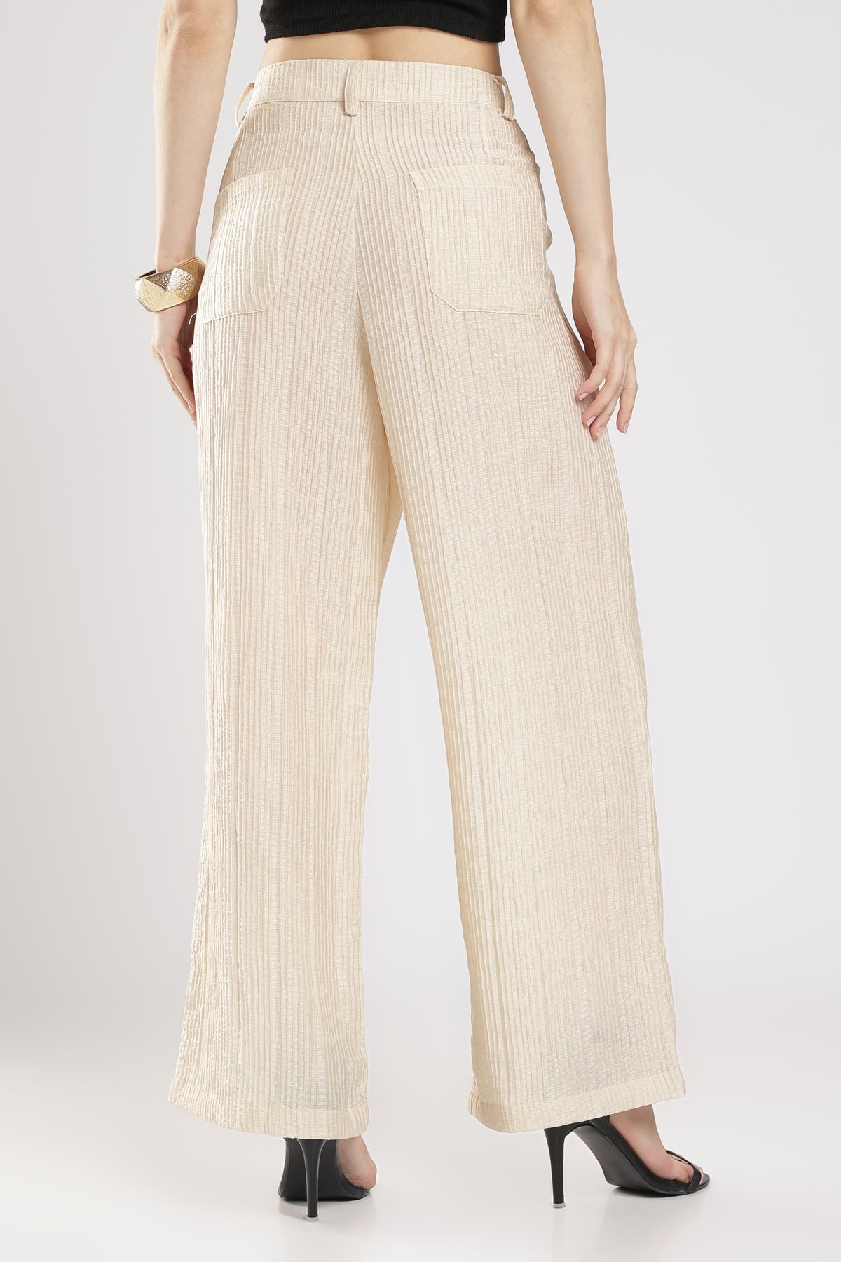 Women beige Textured High-Rise Wide-Leg Trousers