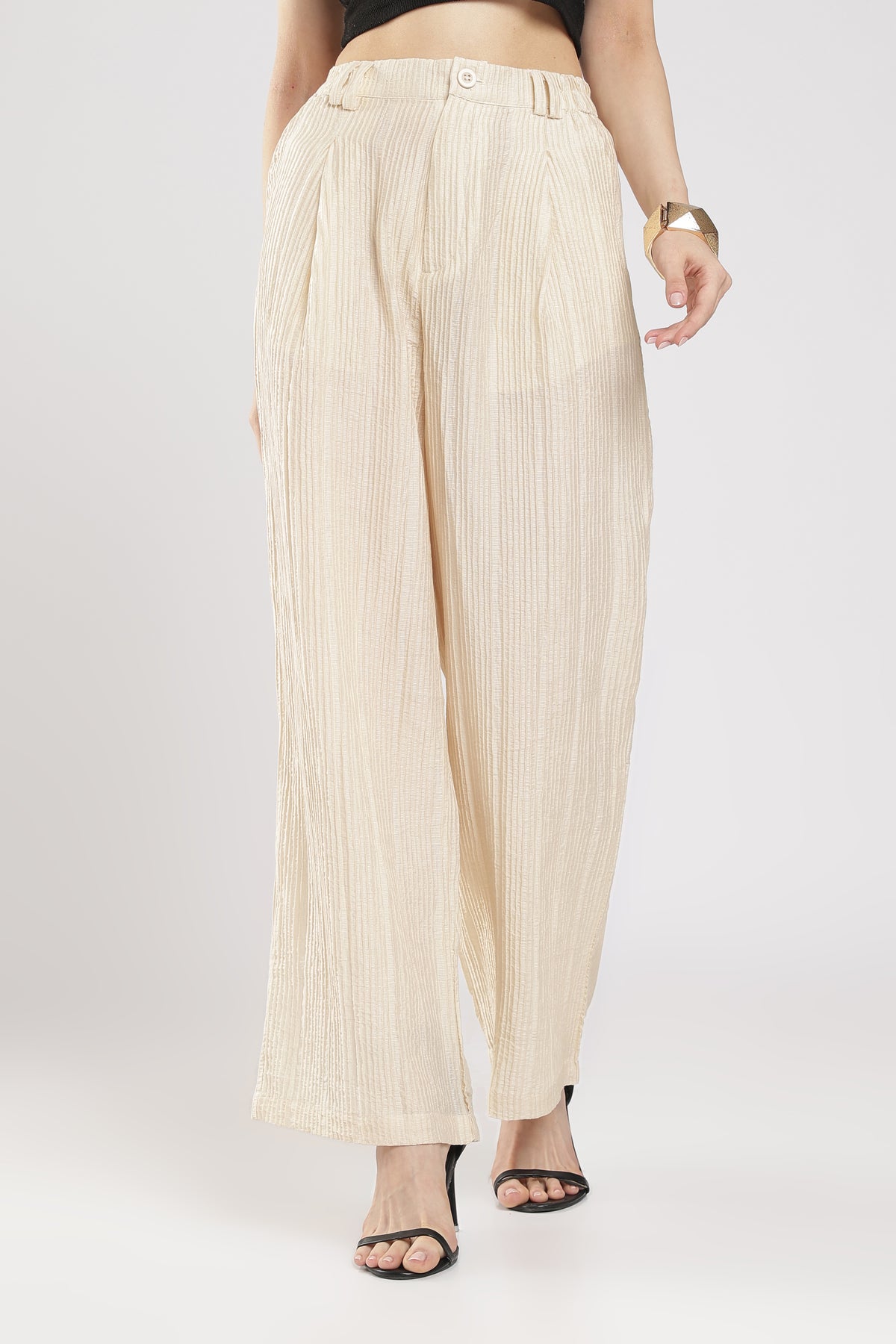 Women beige Textured High-Rise Wide-Leg Trousers