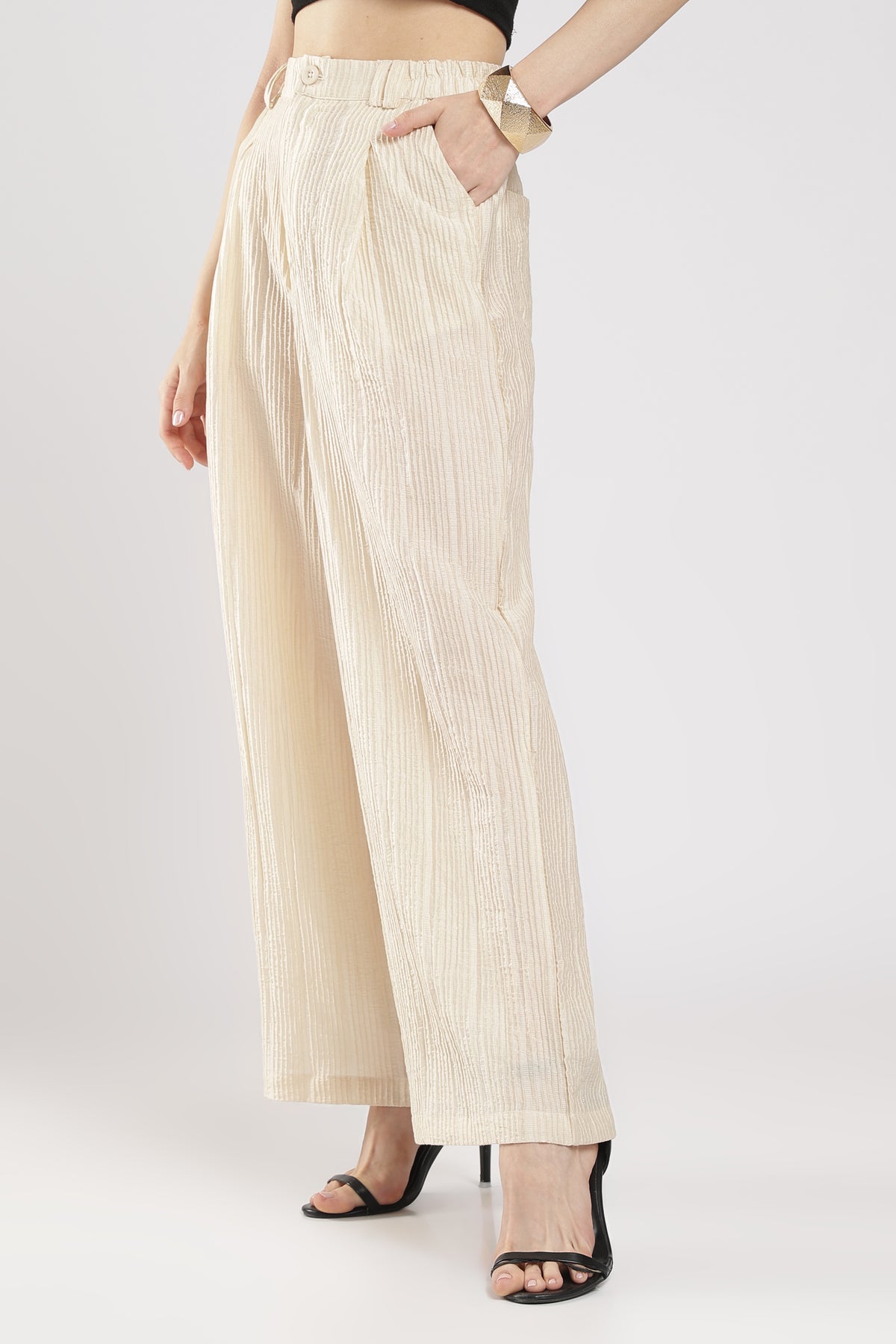Women beige Textured High-Rise Wide-Leg Trousers