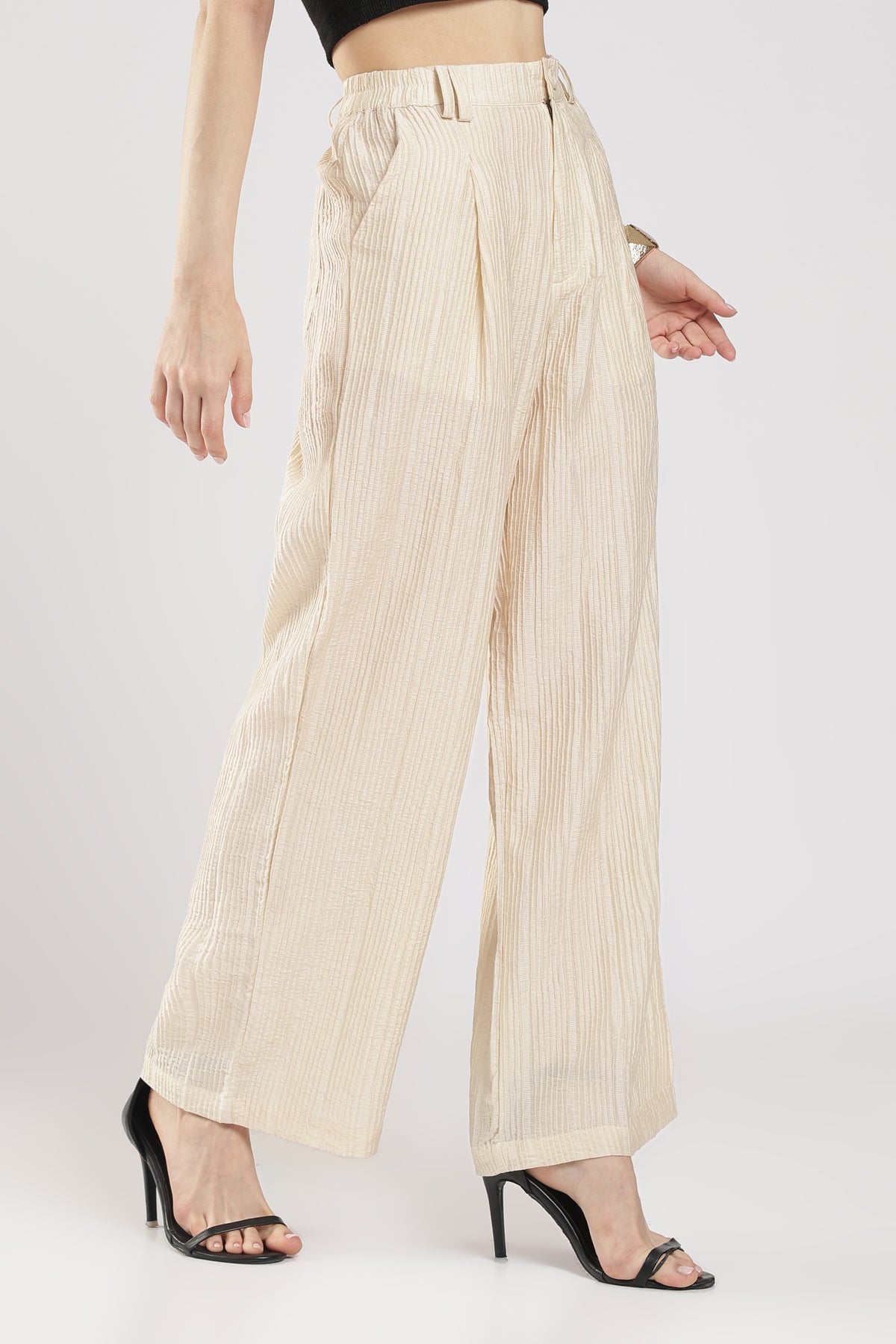 Women beige Textured High-Rise Wide-Leg Trousers